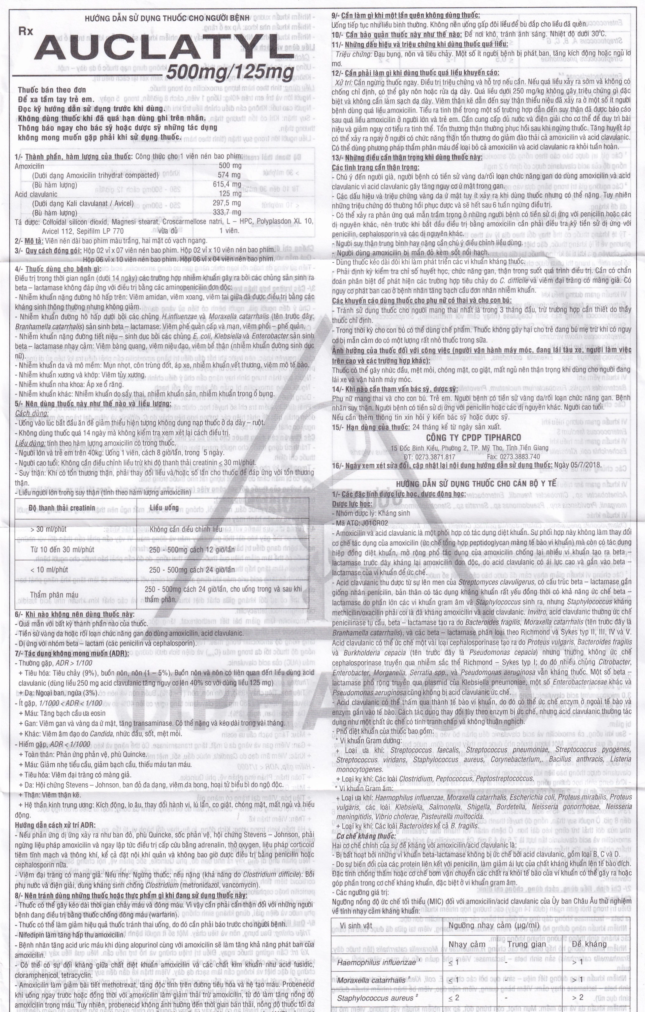 Thuốc Auclatyl 500mg/125mg Tipharco điều trị nhiễm khuẩn (2 vỉ x 10 viên)