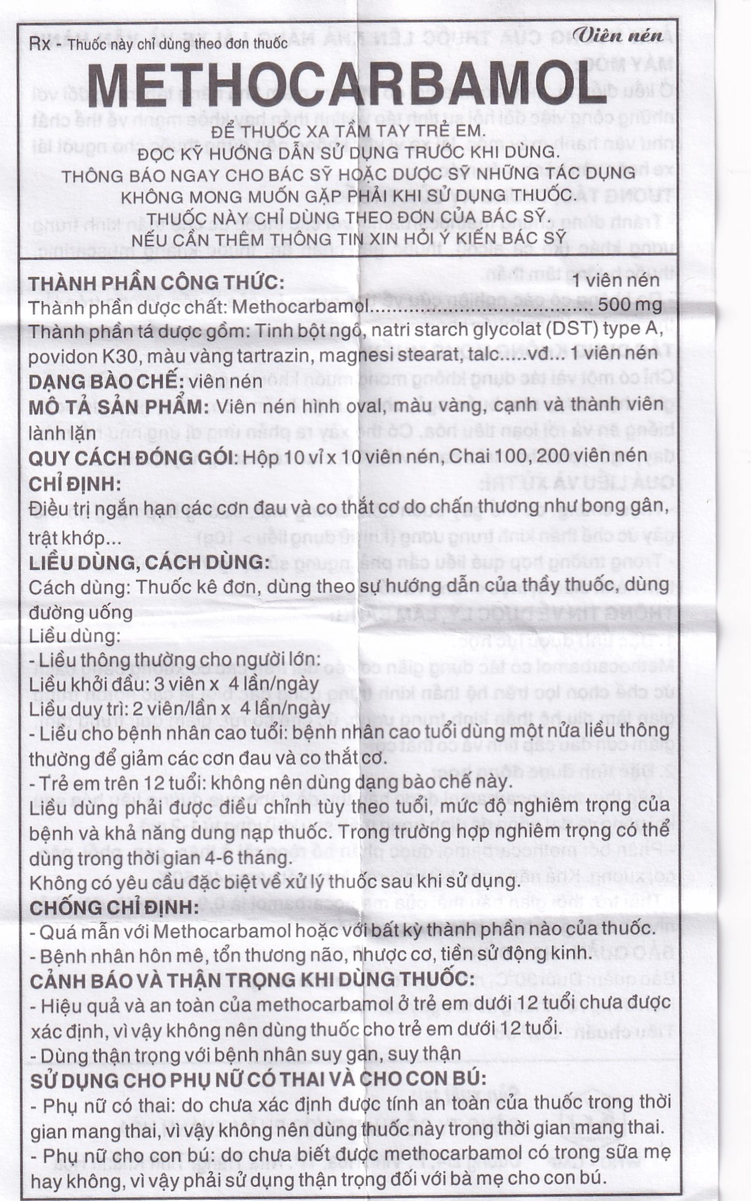 Viên nén Methocarbamol 500mg Khapharco điều trị ngắn hạn các cơn đau, co thắt cơ, bong gân (100 viên)