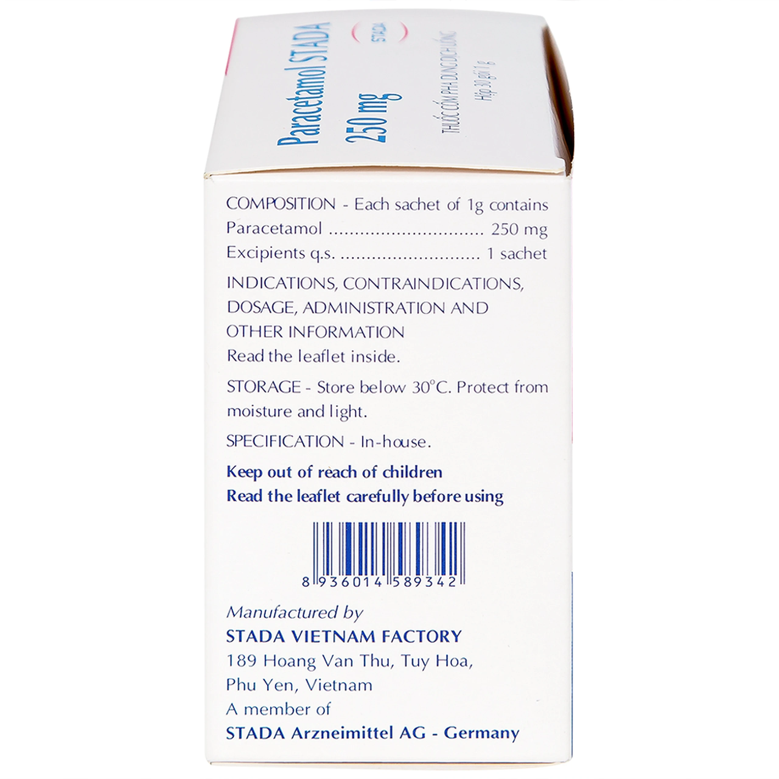 Cốm Paracetamol Stada 250mg điều trị các cơn đau do cảm cúm, nhức đầu, đau họng (30 gói x 1g)
