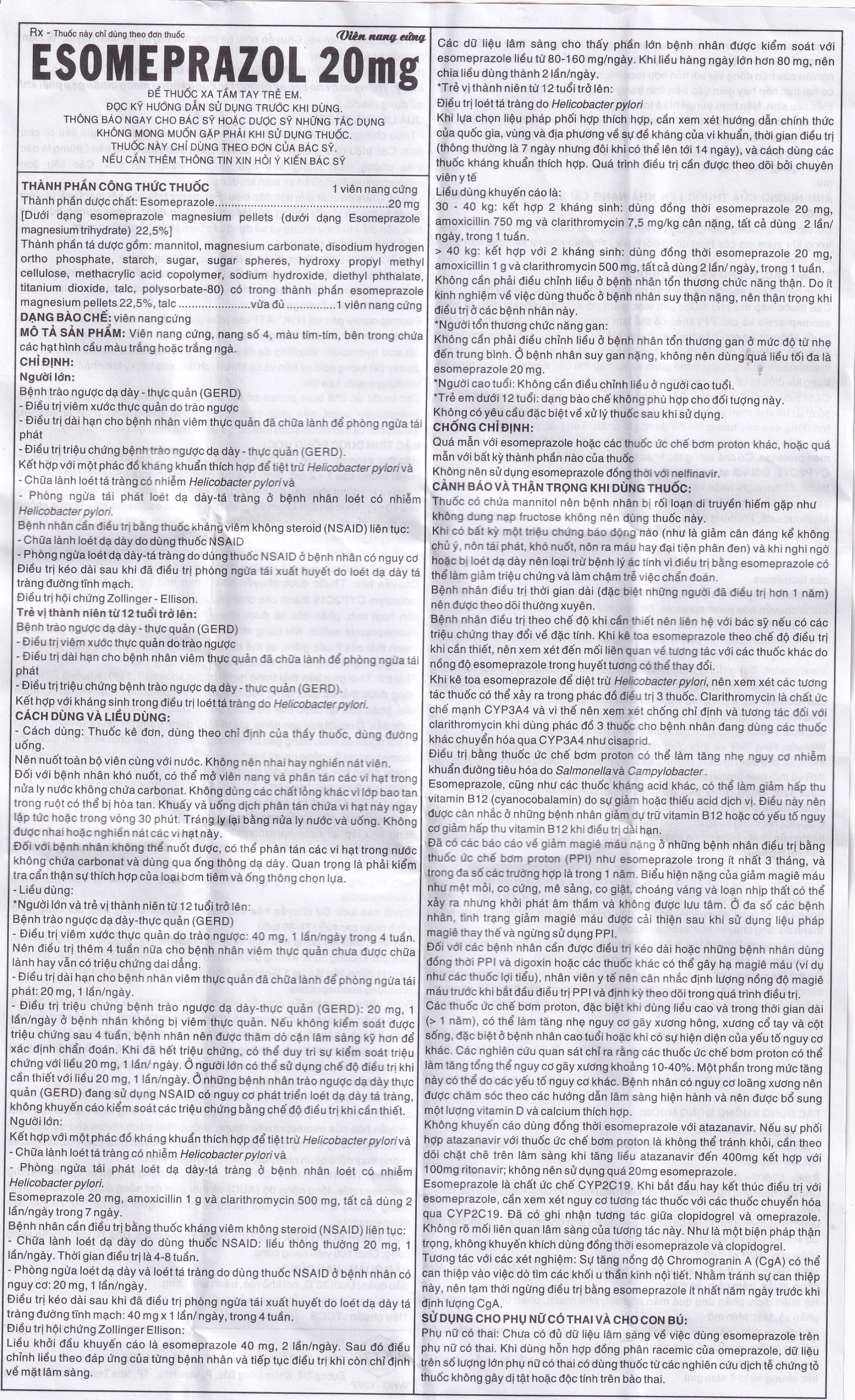 Thuốc Esomeprazol 20mg điều trị trào ngược dạ dày, thực quản (10 vỉ x 10 viên)