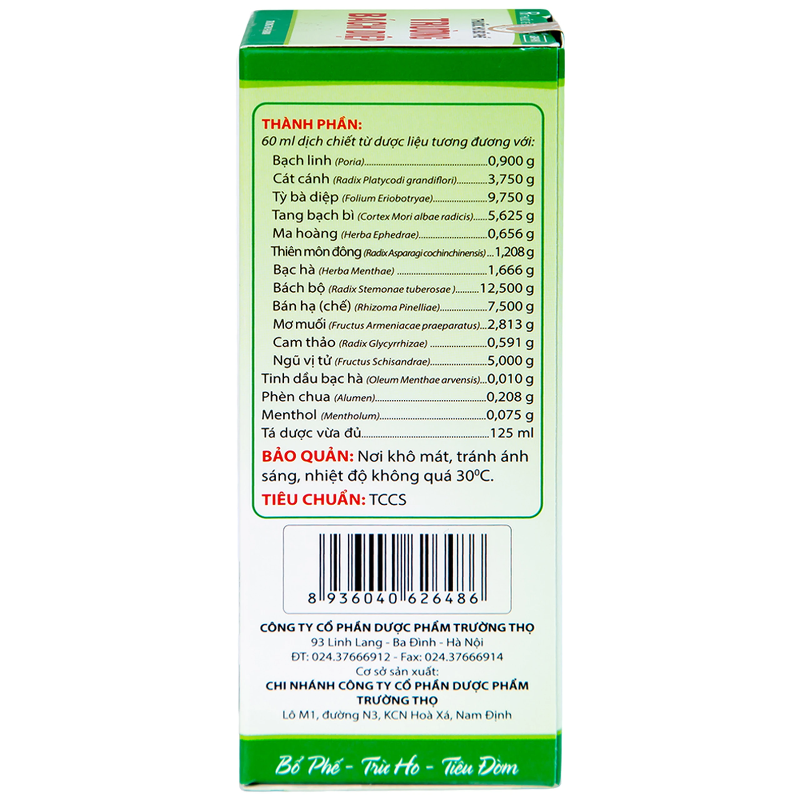 Thuốc ho bổ phế Trường Bạch Diệp Trường Thọ chữa ho tiêu đờm, chuyên trị ho cảm (125ml)