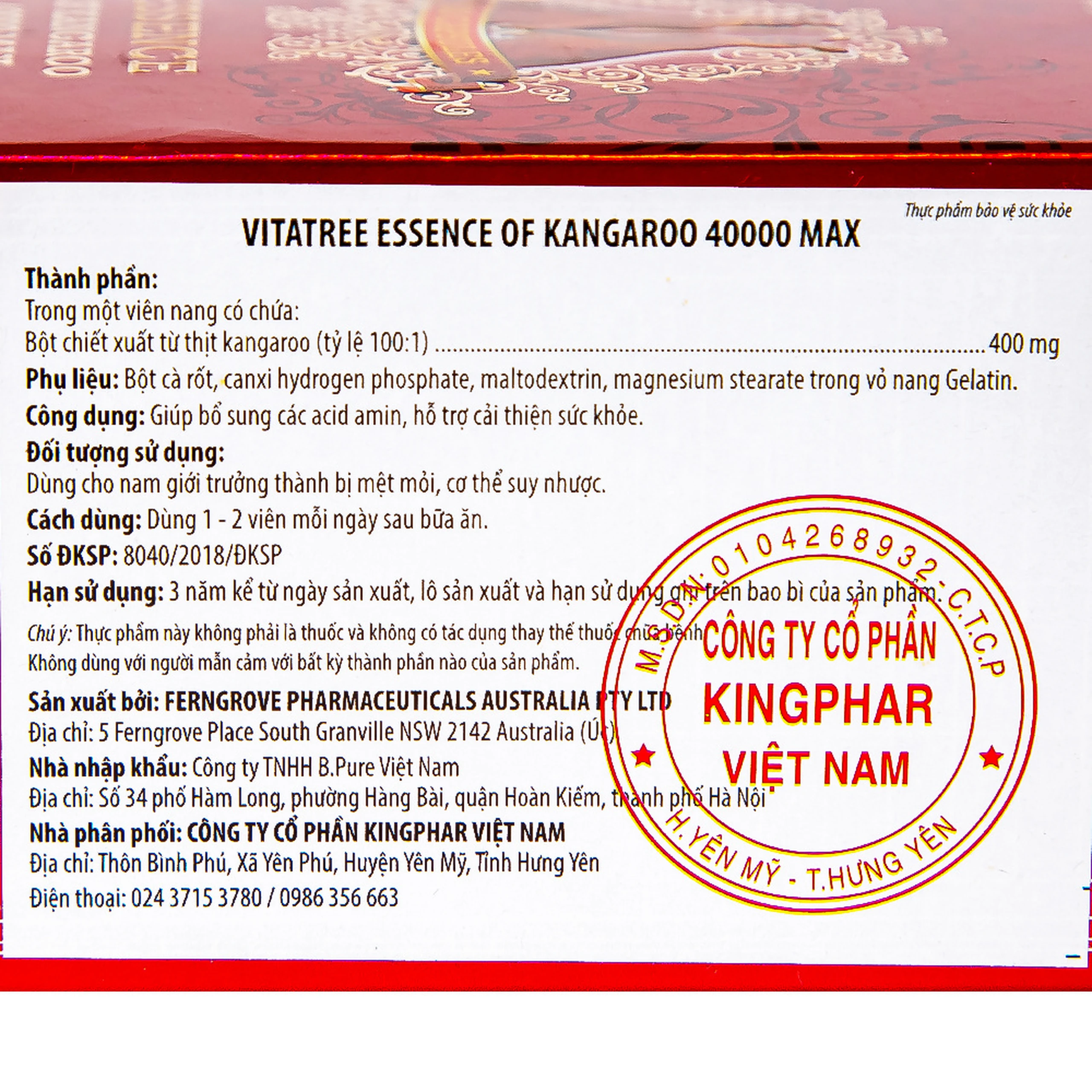 Viên uống hỗ trợ cải thiện sức khỏe cho nam giới Vitatree Essence Of Kangaroo 40000 Max (100 viên)