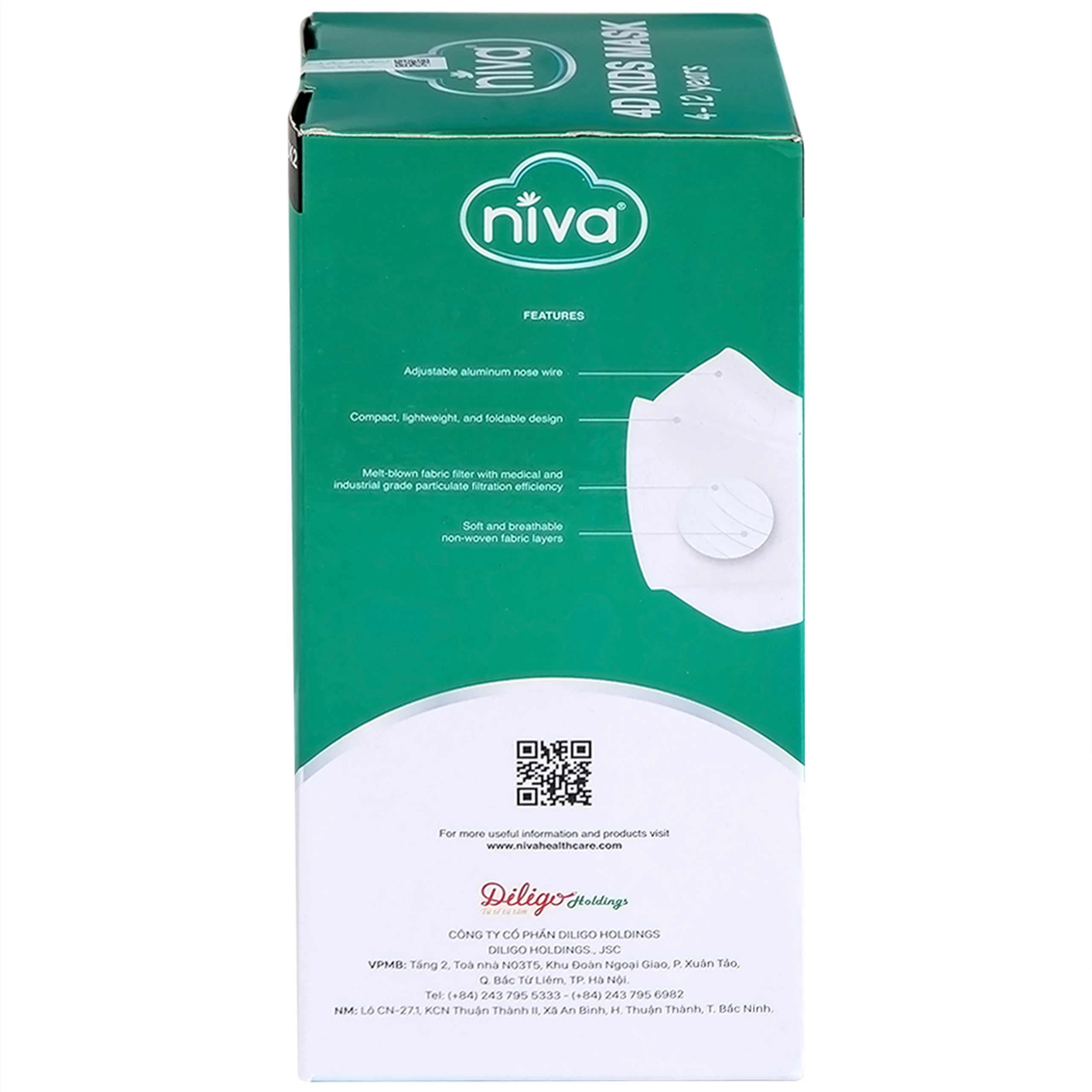 Khẩu trang trẻ em 4 lớp Niva 4D Kids (25 cái) thoáng khí, ngăn chặn vi khuẩn, giọt bắn