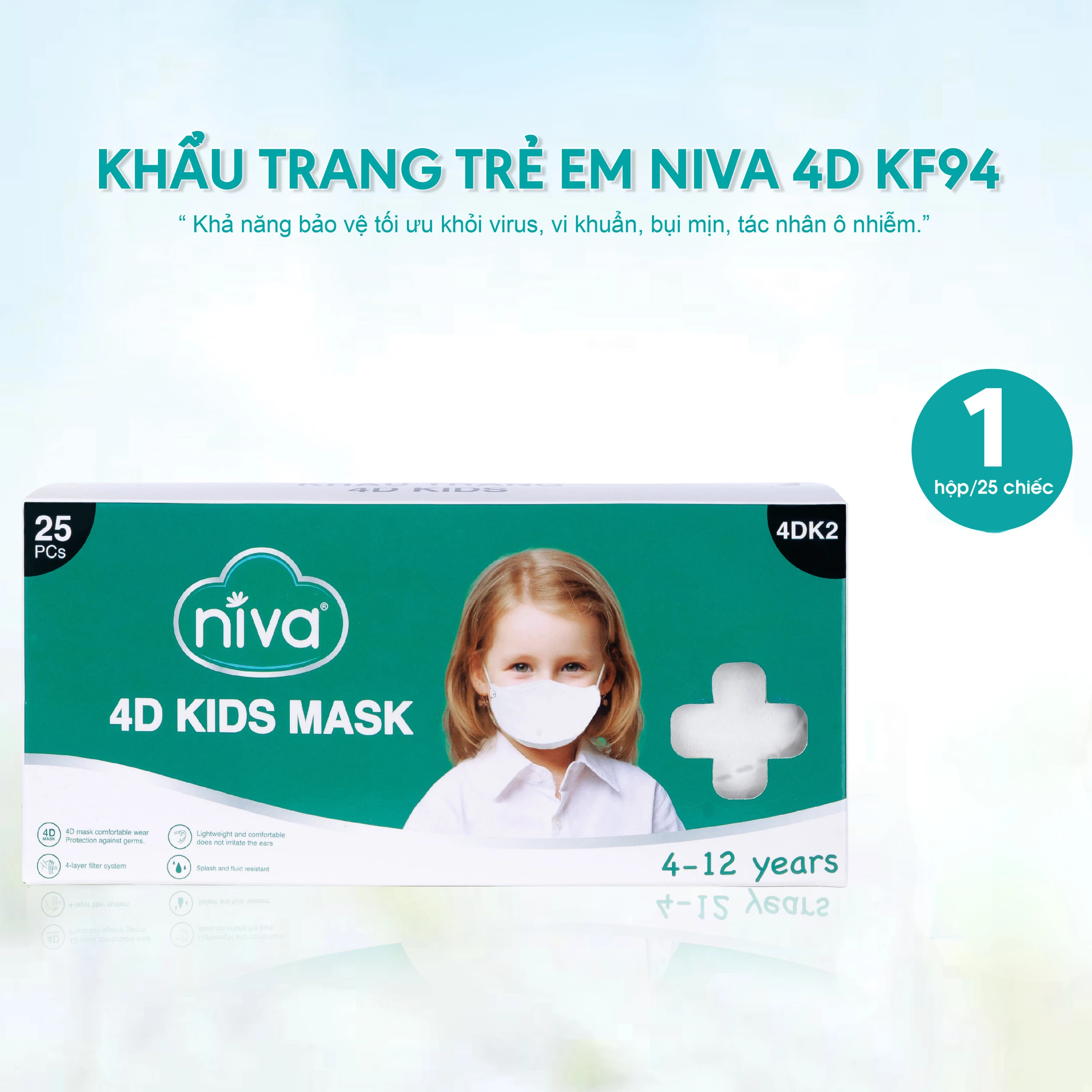 Khẩu trang trẻ em 4 lớp Niva 4D Kids (25 cái) thoáng khí, ngăn chặn vi khuẩn, giọt bắn 1