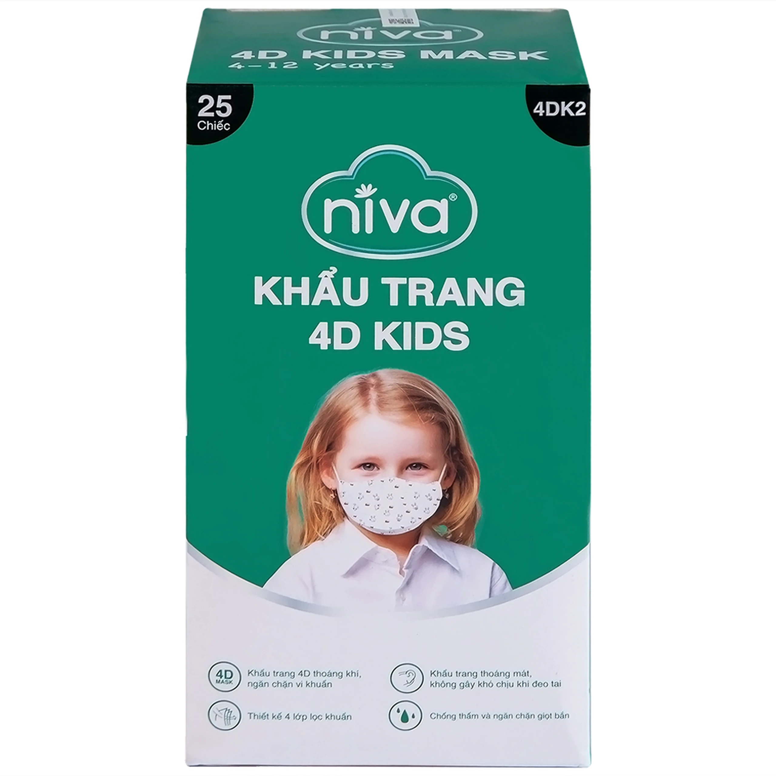 Khẩu trang trẻ em 4 lớp Niva 4D Kids (25 cái) thoáng khí, ngăn chặn vi khuẩn, giọt bắn