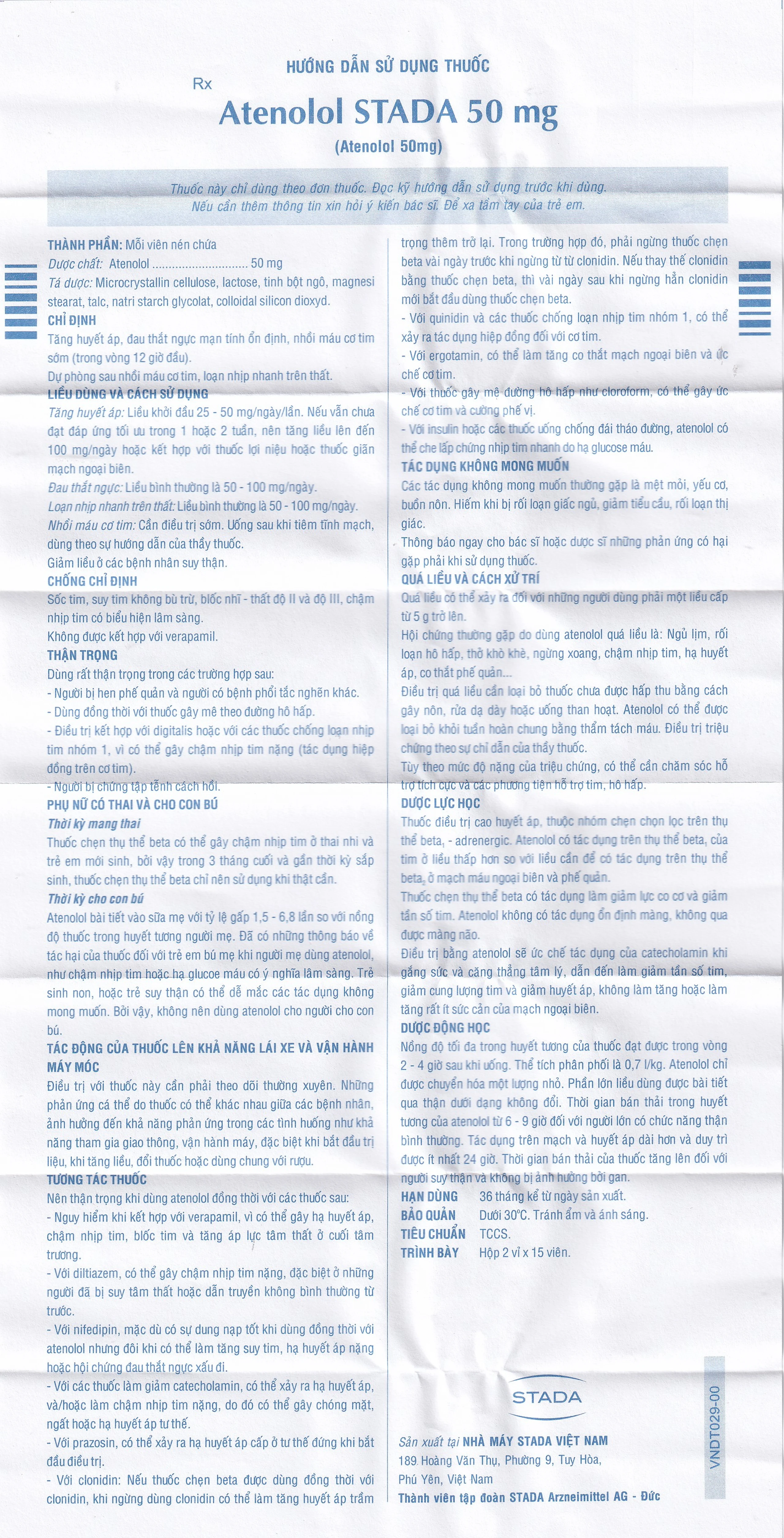 Thuốc Atenolol Stada 50mg điều trị tăng huyết áp, đau thắt ngực (2 vỉ x 15 viên)