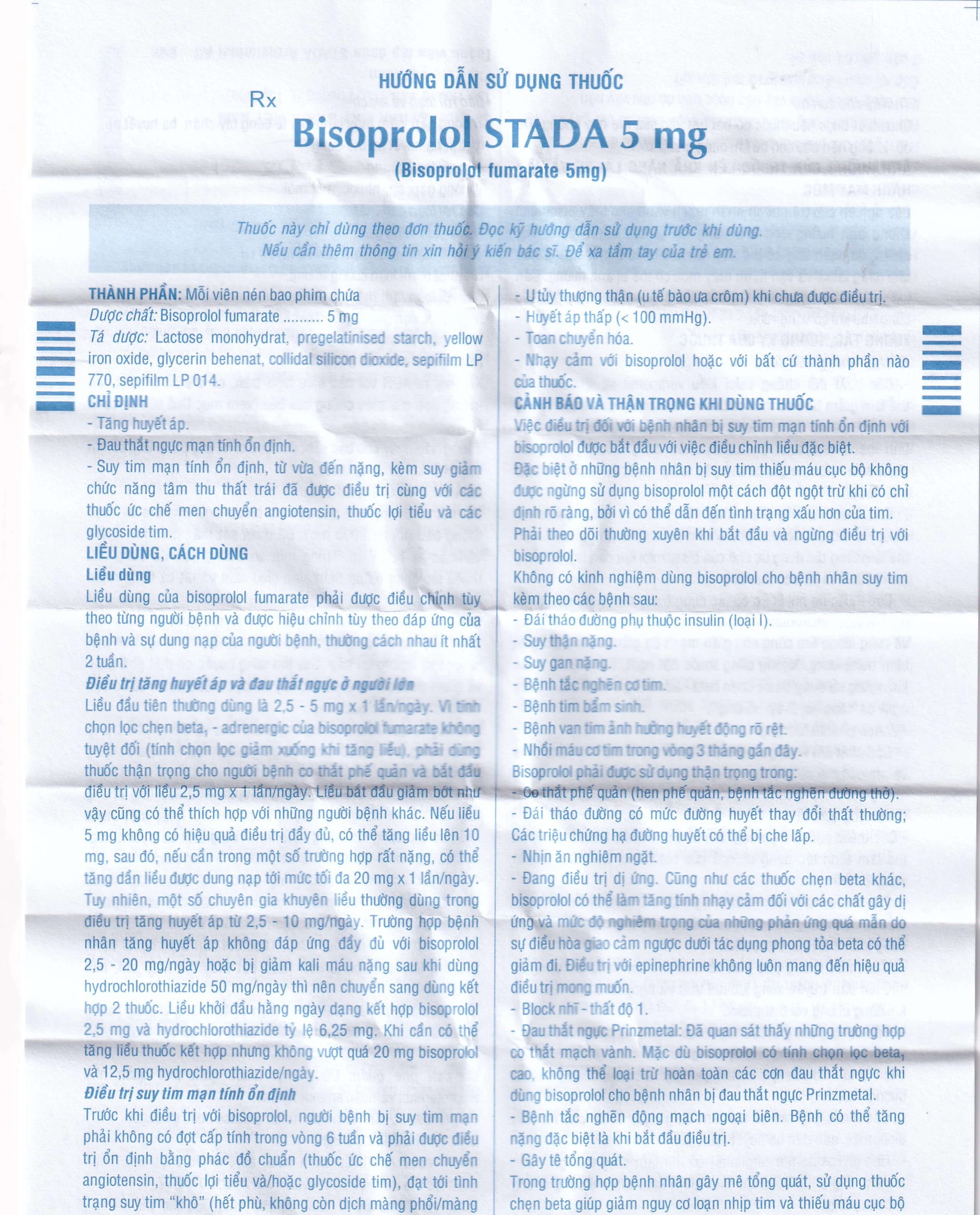 Thuốc Bisoprolol Stada 5mg điều trị tăng huyết áp, đau thắt ngực mạn tính ổn định (3 vỉ x 10 viên)