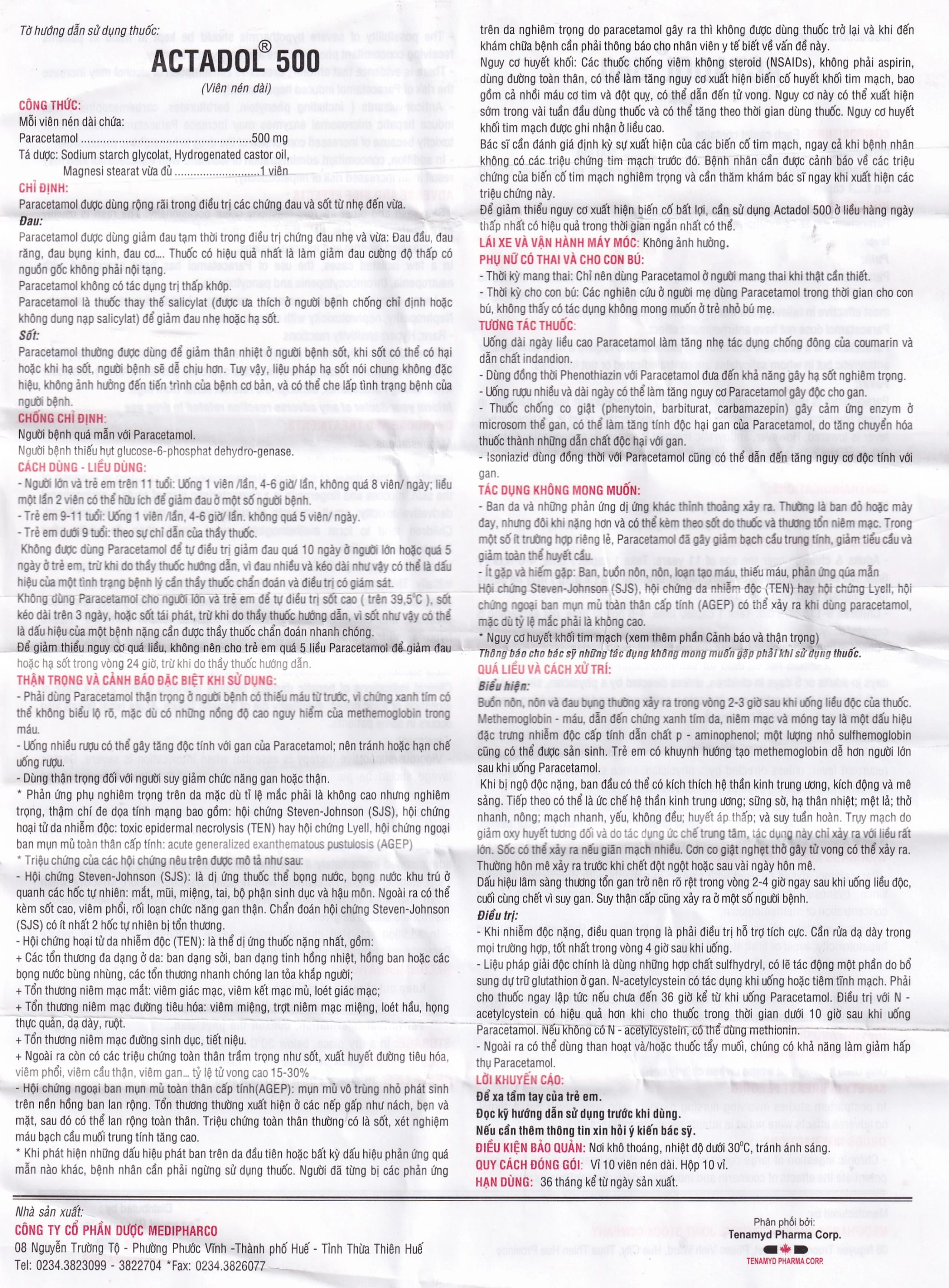 Thuốc Actadol 500 Medipharco điều trị các chứng đau và sốt từ nhẹ đến vừa (10 vỉ x 10 viên)