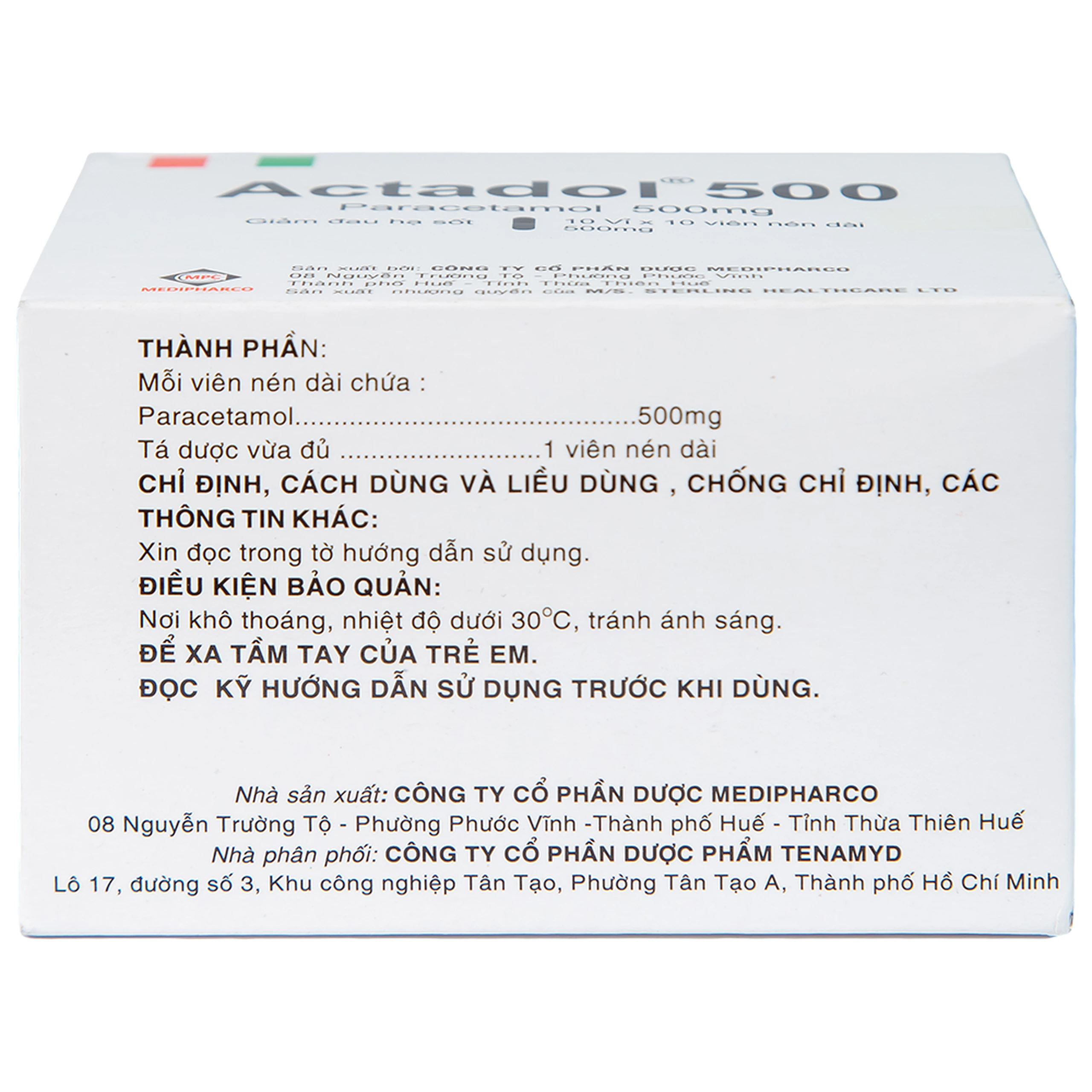 Thuốc Actadol 500 Medipharco điều trị các chứng đau và sốt từ nhẹ đến vừa (10 vỉ x 10 viên)