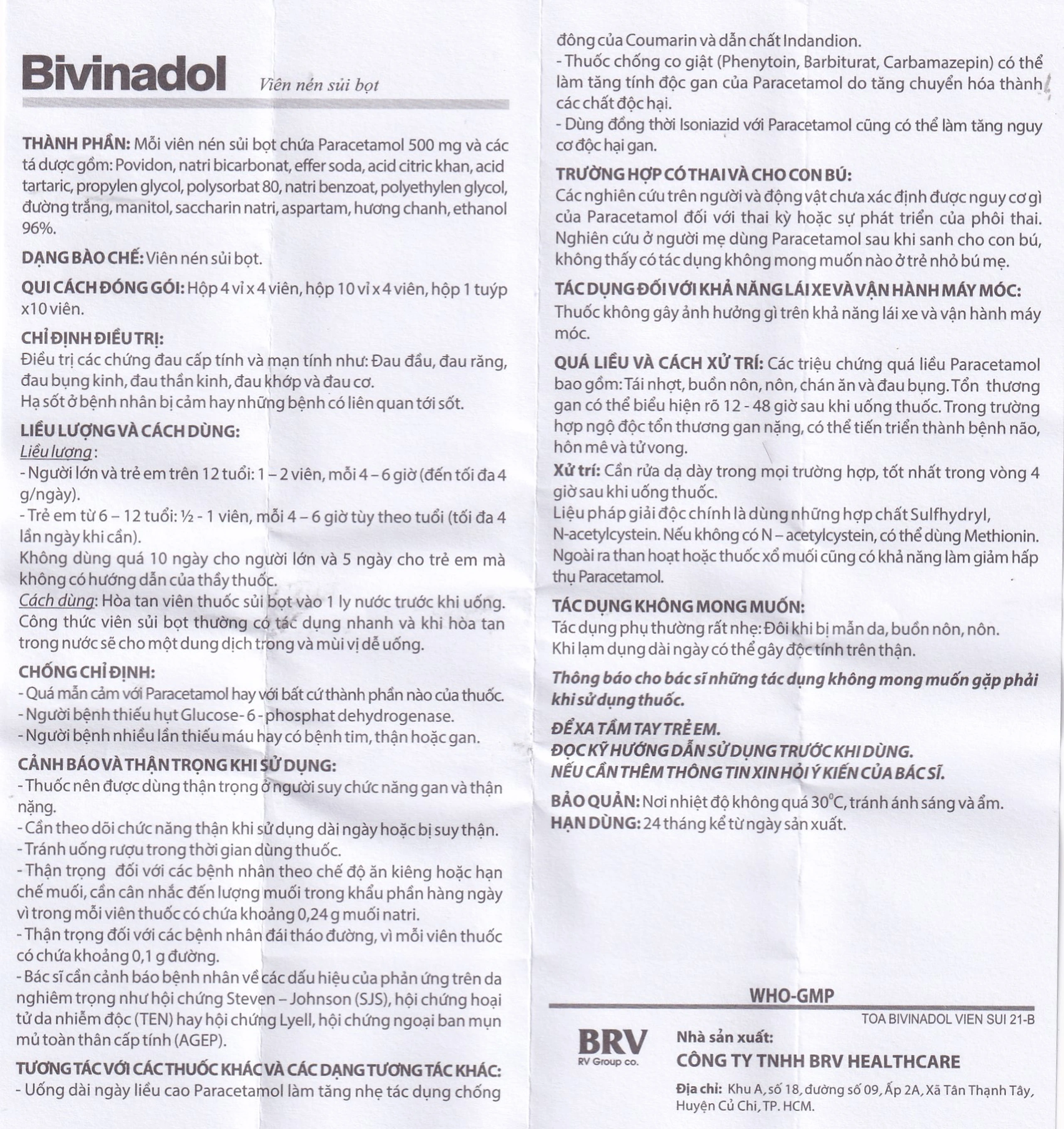 Thuốc sủi bọt Bivinadol 500mg BRV giảm đau, hạ sốt (4 vỉ x 4 viên)