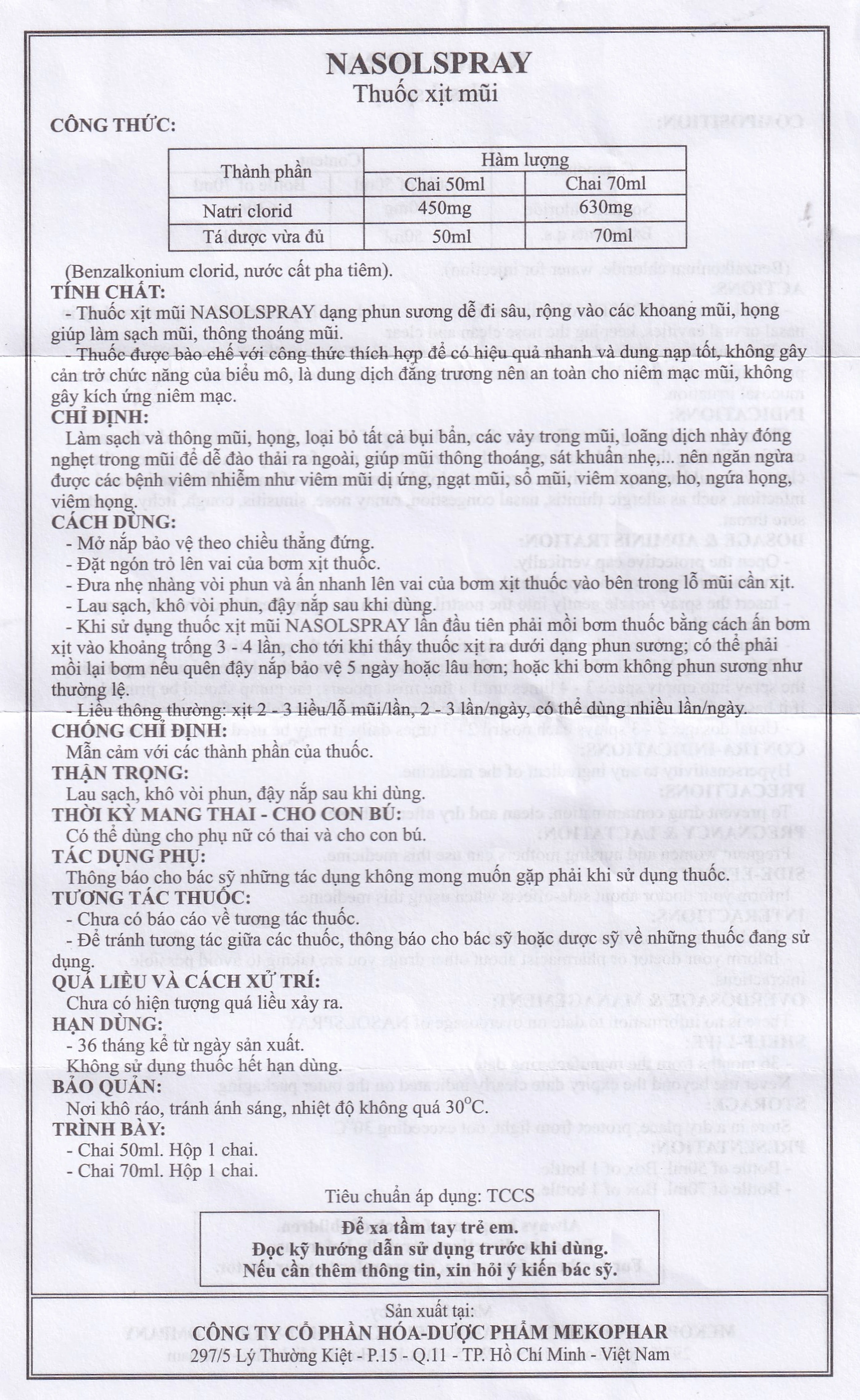 Thuốc xịt mũi Nasolspray Mekophar làm sạch và thông mũi, họng (70ml)