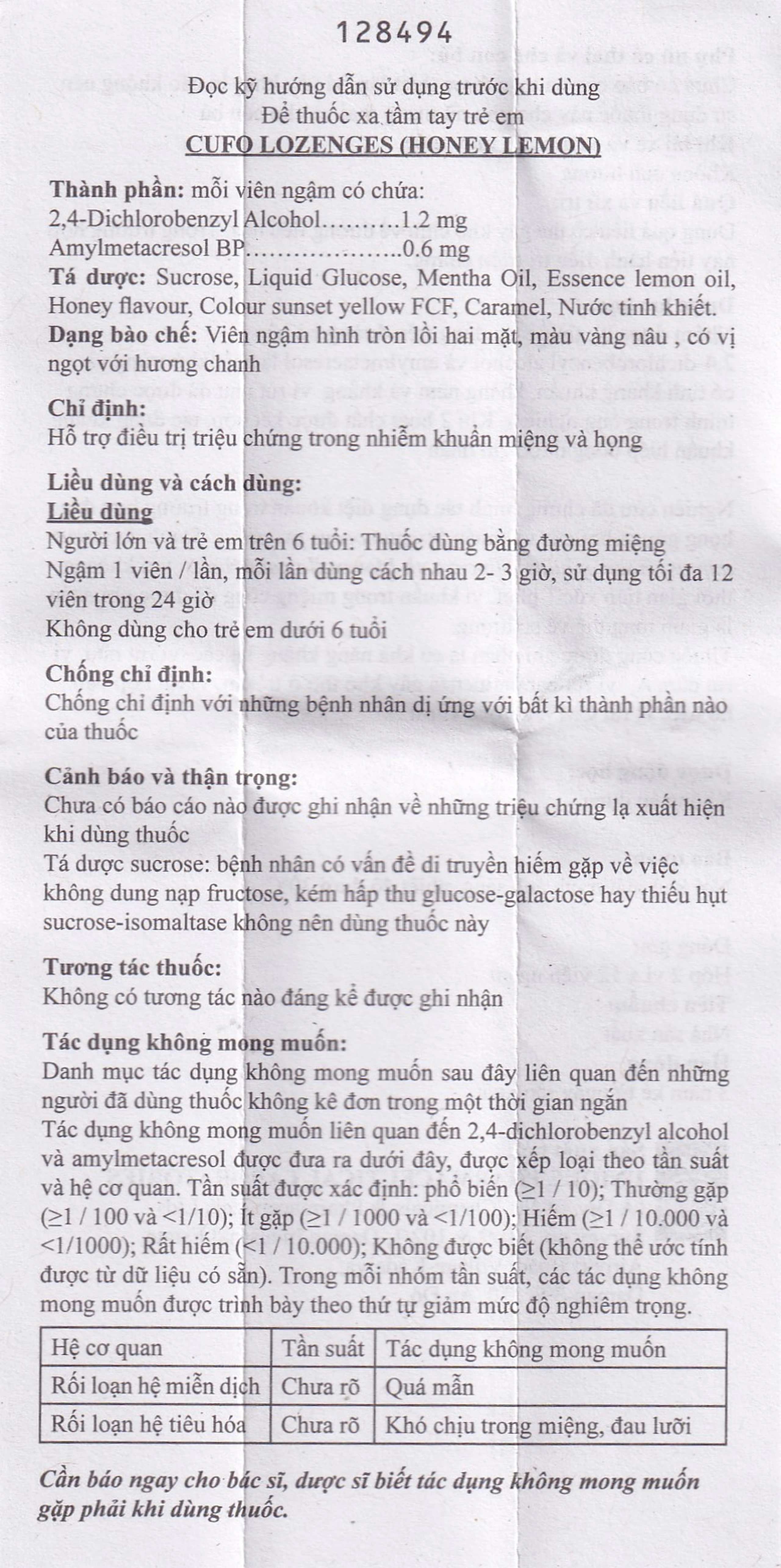 Viên ngậm Cufo vị mật ong chanh hỗ trợ điều trị triệu chứng trong nhiễm khuẩn miệng và họng (2 vỉ x 12 viên)