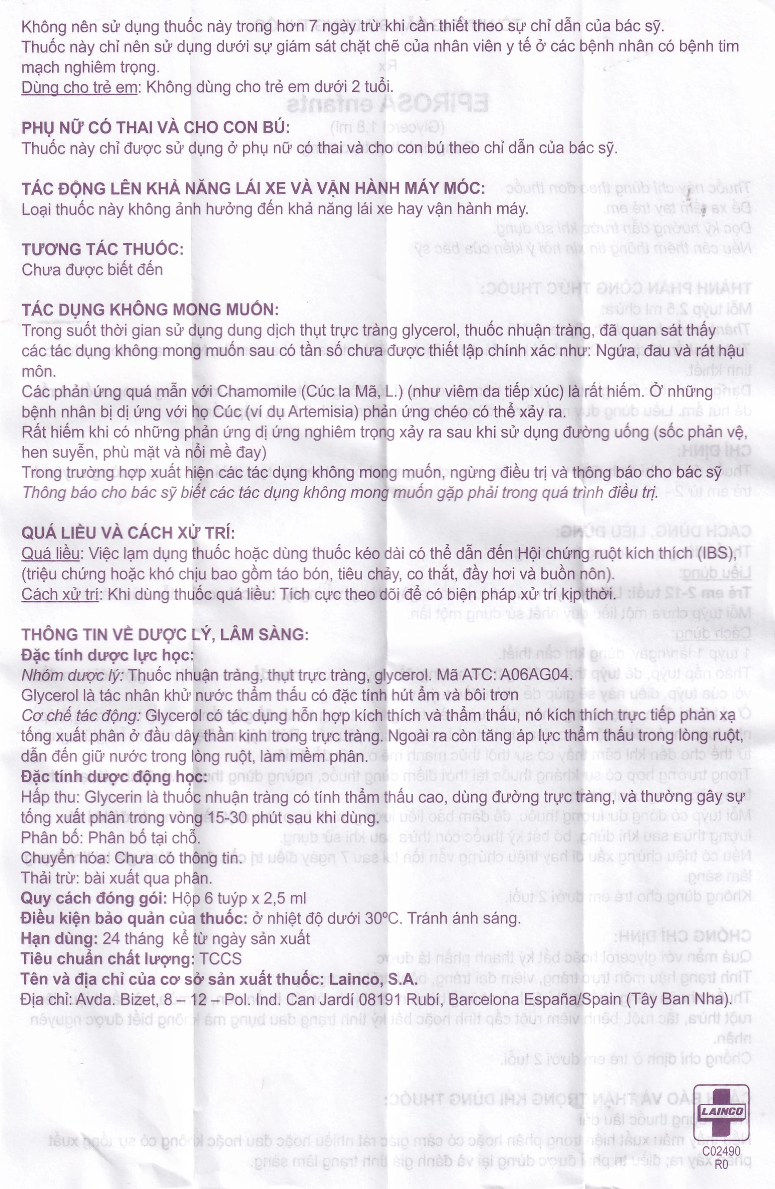 Dung dịch thụt trực tràng Epirosa Enfants Lainco giảm triệu chứng táo bón (6 tuýp x 2.5ml)