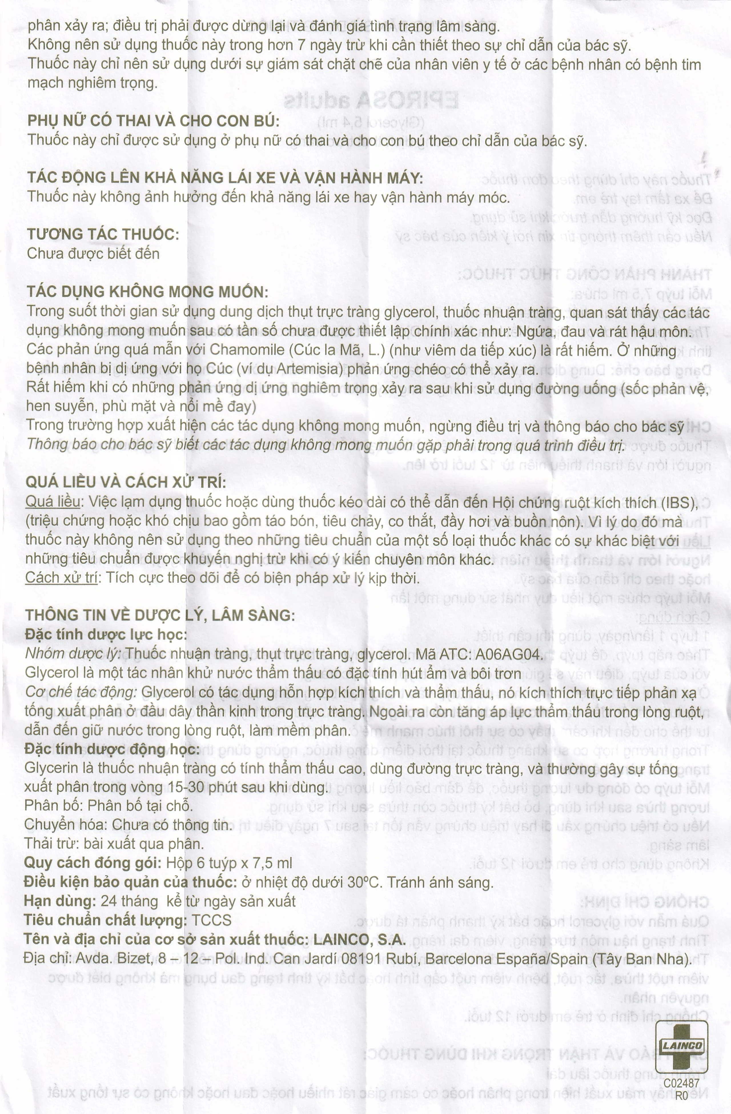 Dung dịch thụt trực tràng Epirosa Adults Lainco giảm triệu chứng táo bón (6 tuýp x 7.5ml)