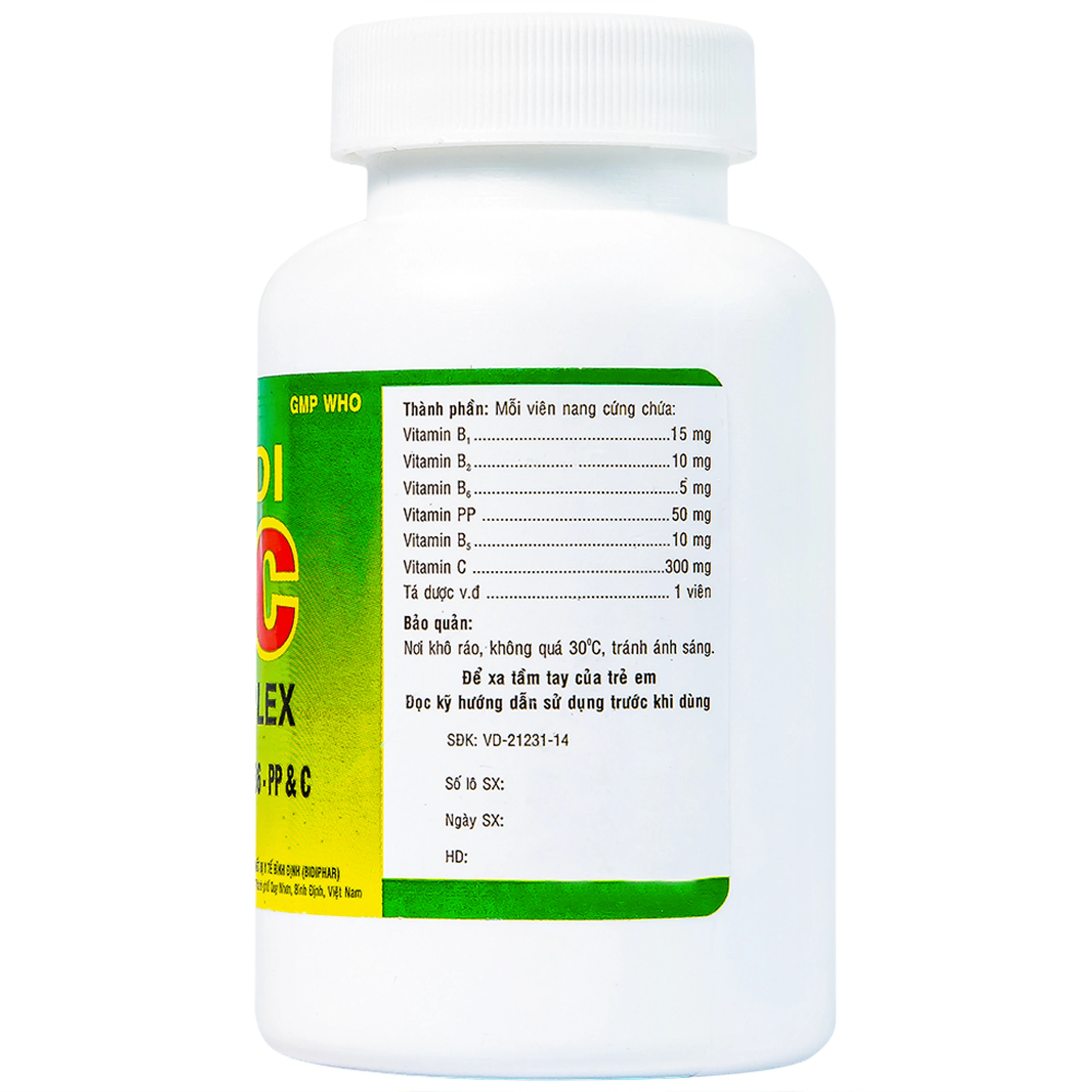 Thuốc Bidi BC Complex 300mg Bidiphar điều trị, phòng ngừa thiếu vitamin nhóm B và C (100 viên)  