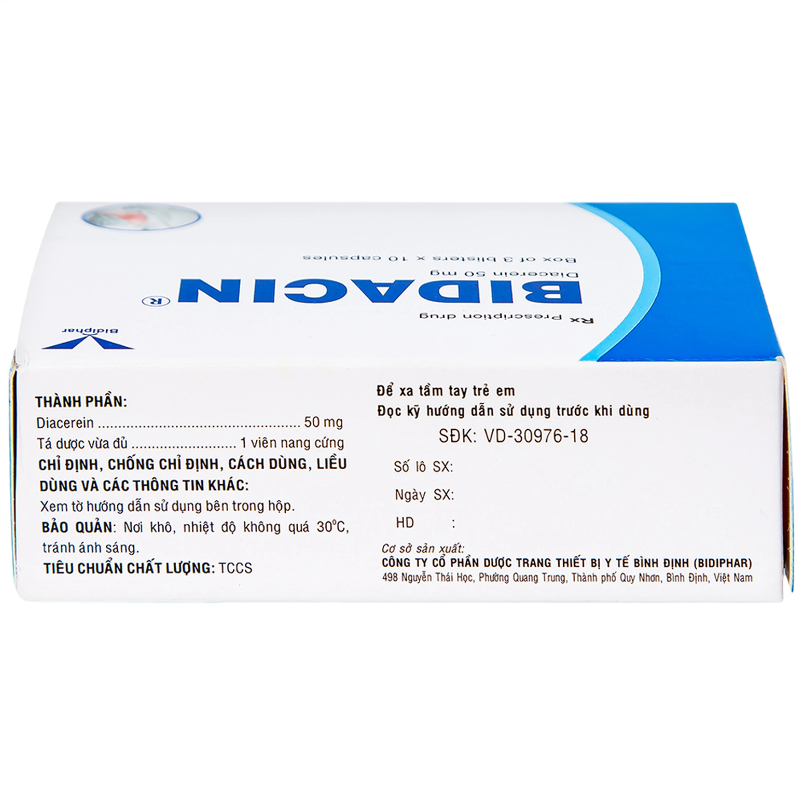 Thuốc Bidacin 50mg Bidiphar điều trị thoái hóa khớp hông hoặc gối (3 vỉ x 10 viên)