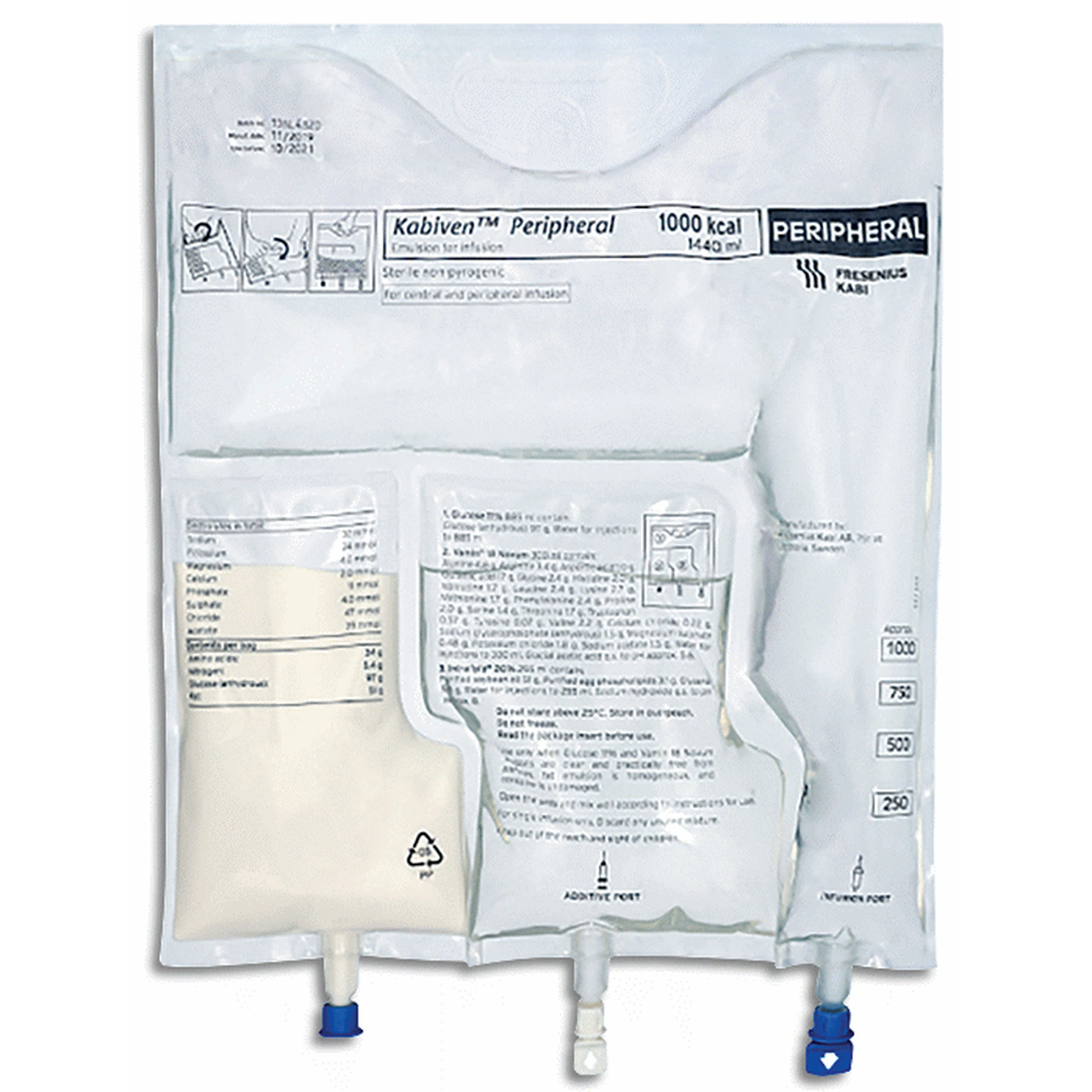 Nhũ tương truyền tĩnh mạch Kabiven Peripheral 1000kcal Fresenius Kabi gồm glucose, acid amin, intralipid (1440ml)