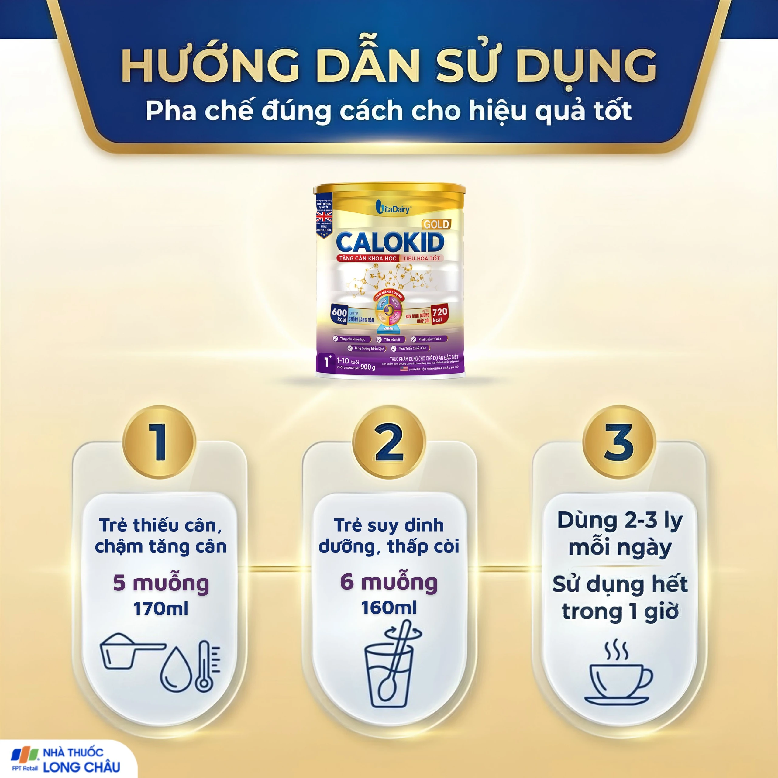 Sữa hỗ trợ tăng cân khoa học và tiêu hóa tốt cho trẻ 1-10 tuổi Calokid Gold Vitadairy (900g) 5