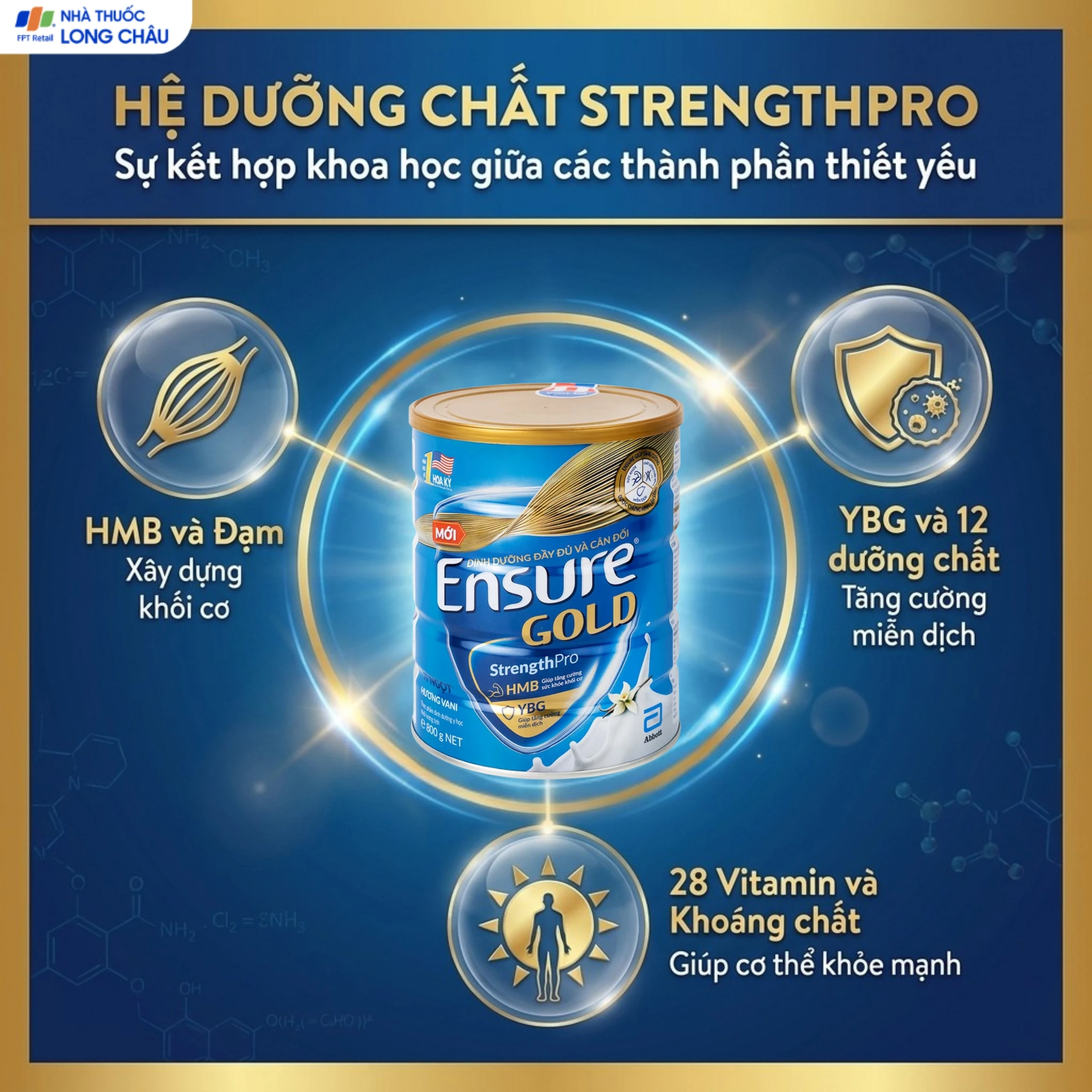 Sữa tăng cường sức khỏe khối cơ tăng miễn dịch Ensure Gold StrengthPro hương vani ít ngọt (800g) 3