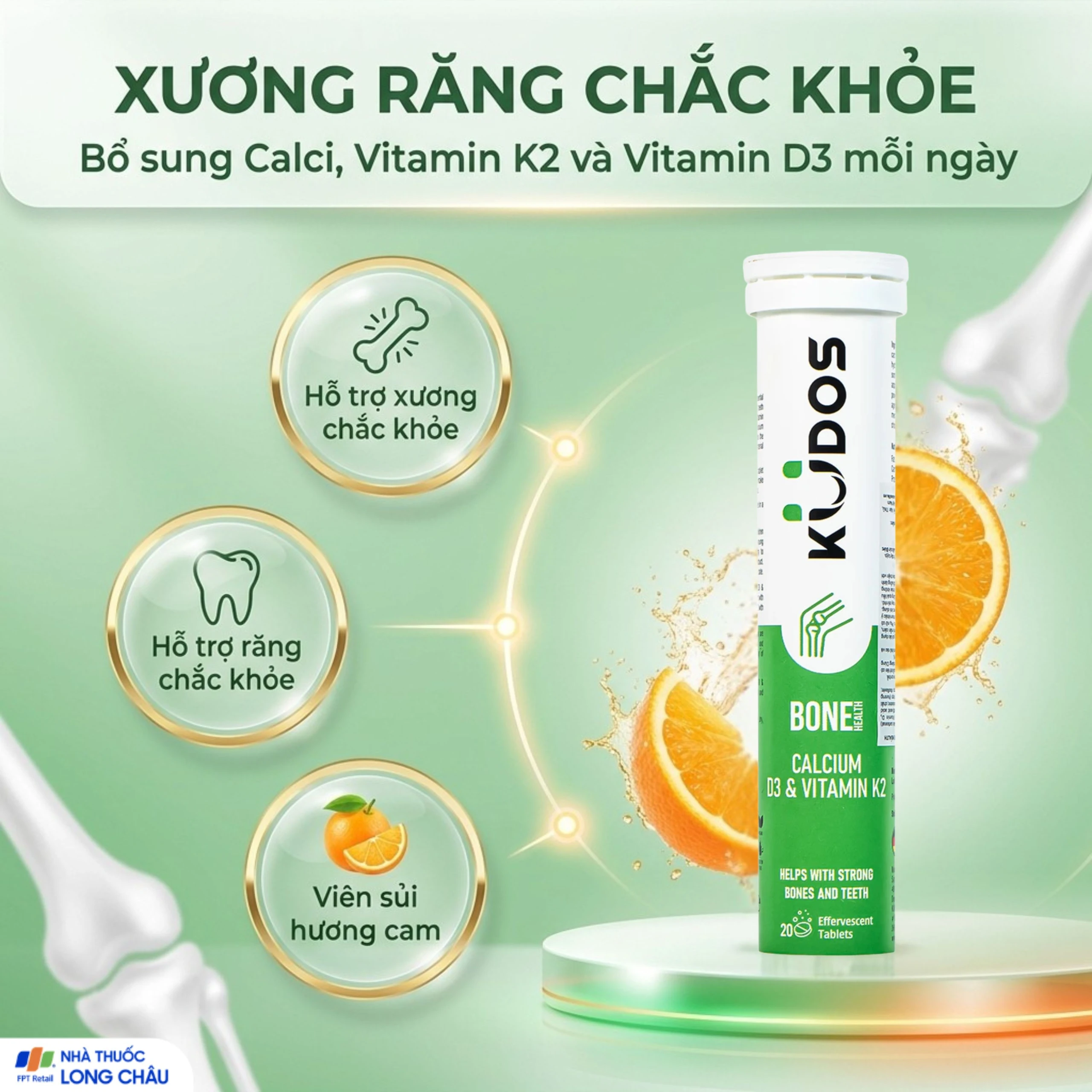 Viên sủi bổ sung canxi, vitamin K2, vitamin D3 cho cơ thể Kudos Bone hương cam (20 viên) 2