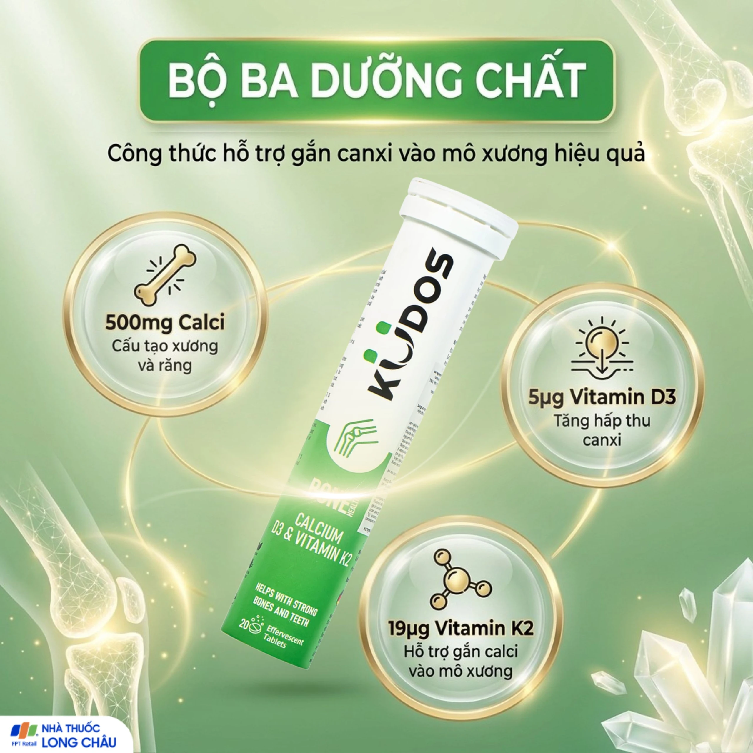 Viên sủi bổ sung canxi, vitamin K2, vitamin D3 cho cơ thể Kudos Bone hương cam (20 viên) 3