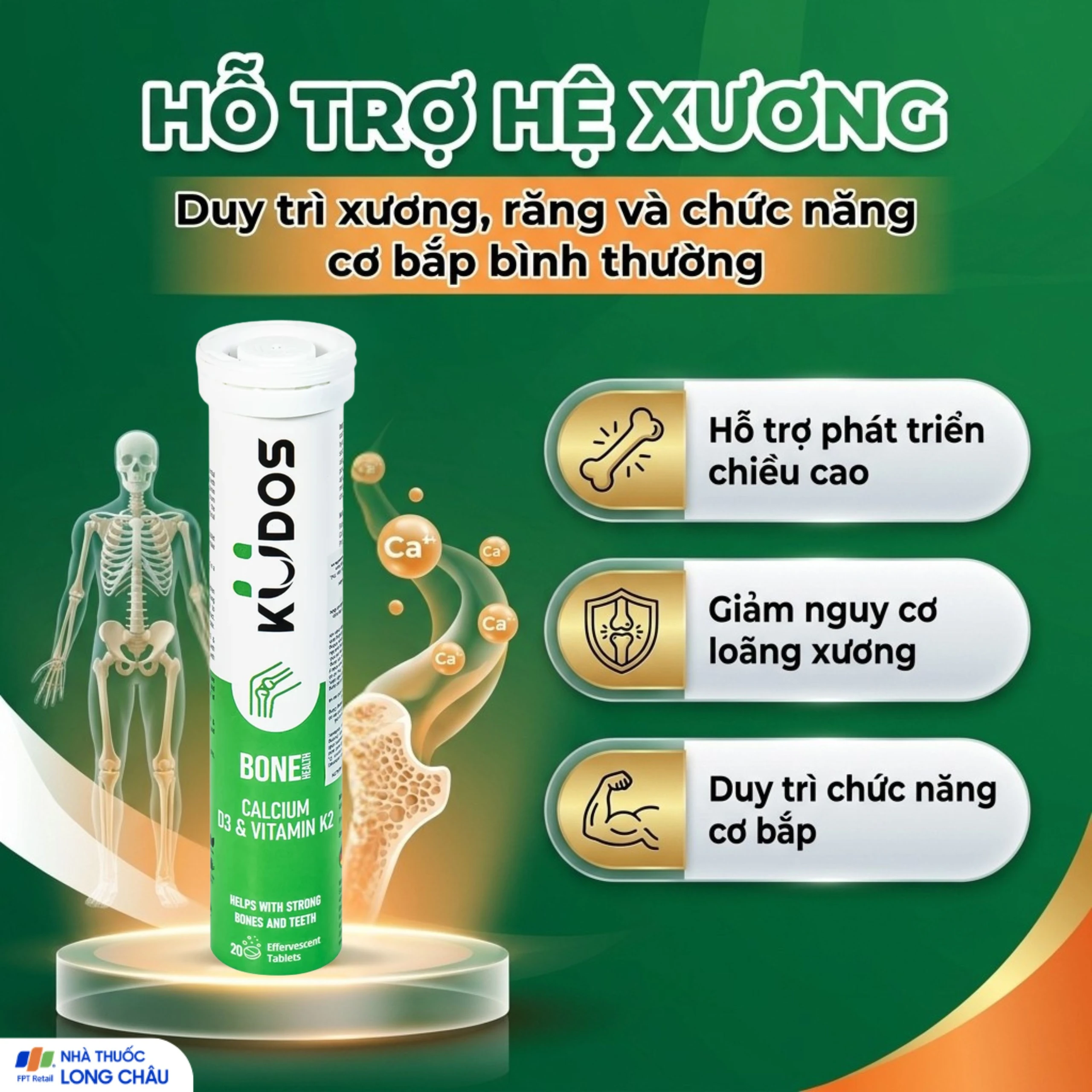 Viên sủi bổ sung canxi, vitamin K2, vitamin D3 cho cơ thể Kudos Bone hương cam (20 viên) 4