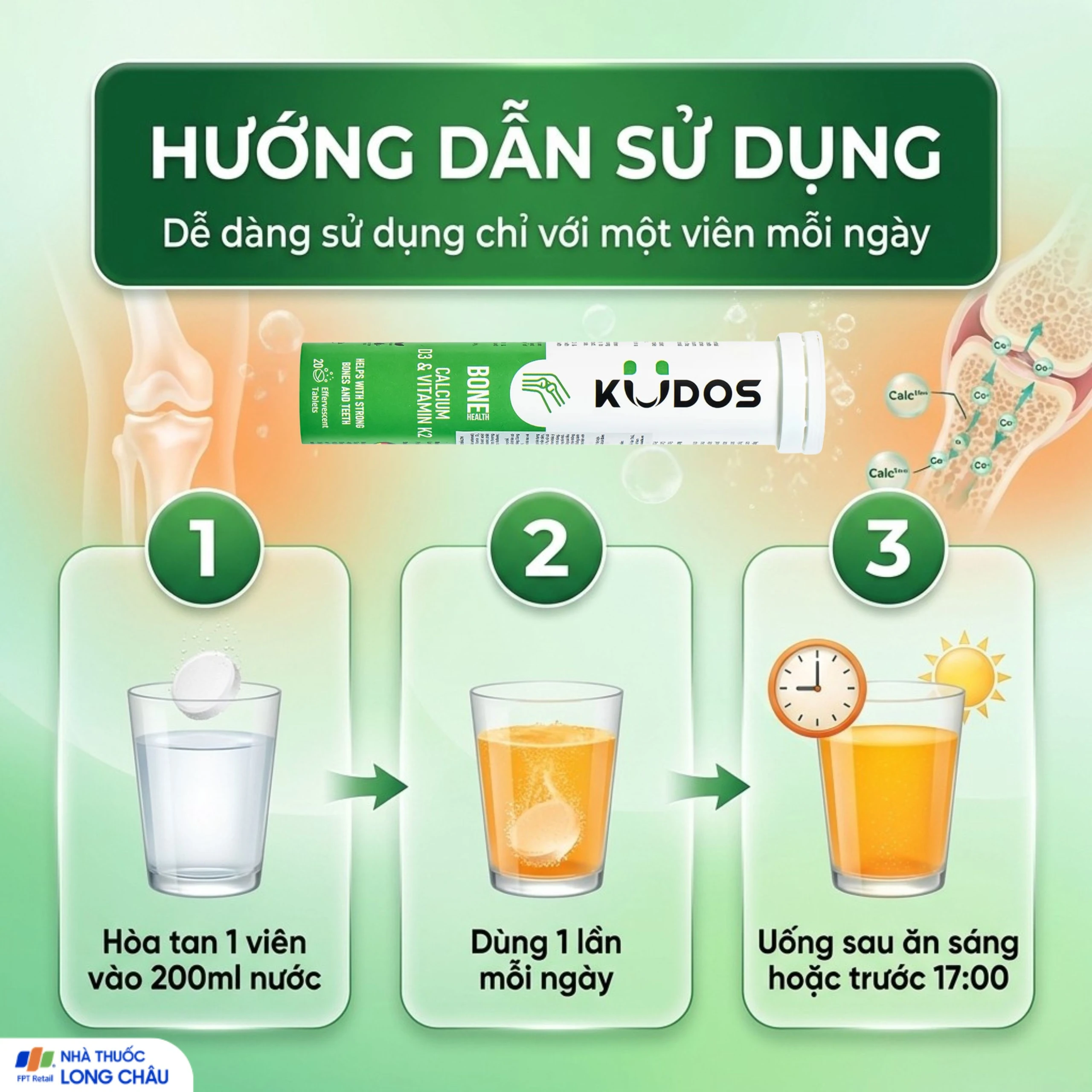 Viên sủi bổ sung canxi, vitamin K2, vitamin D3 cho cơ thể Kudos Bone hương cam (20 viên) 5