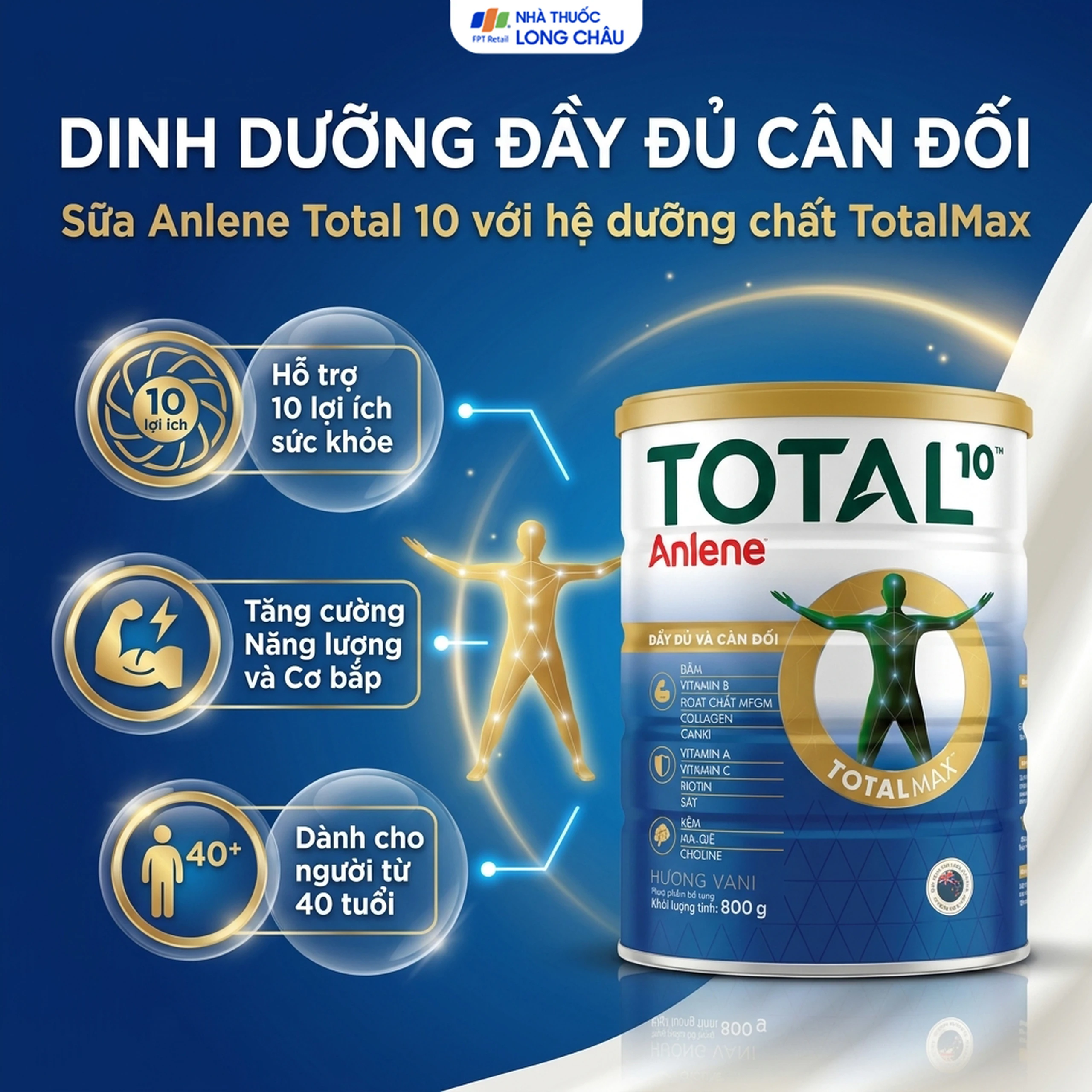 Sữa bổ sung hệ dưỡng chất cho vận động tiêu hóa người trên 40 tuổi Anlene Total 10 (800g) 2