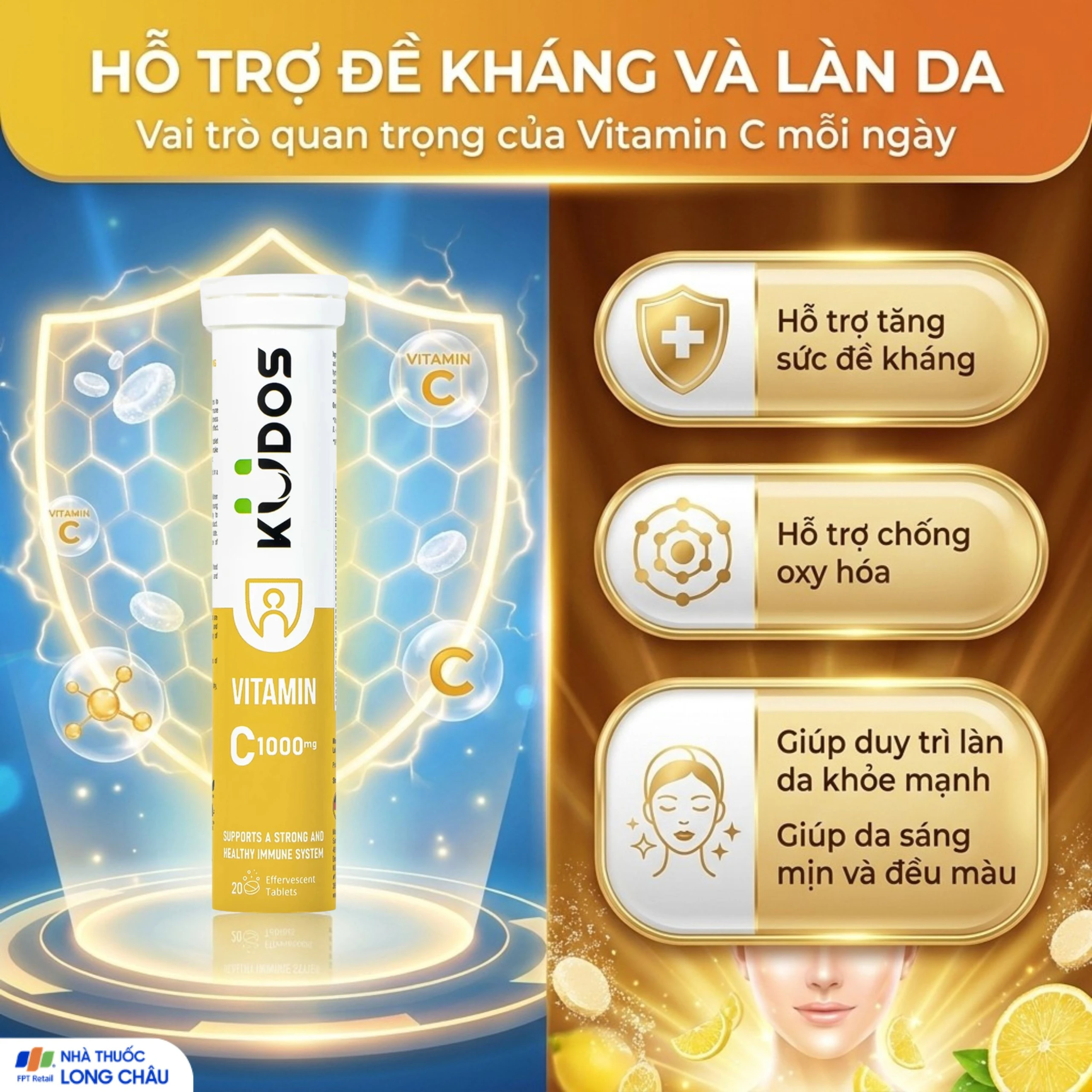 Viên sủi giúp bổ sung vitamin C cho cơ thể Kudos Vitamin C 1000mg hương chanh (20 viên) 3