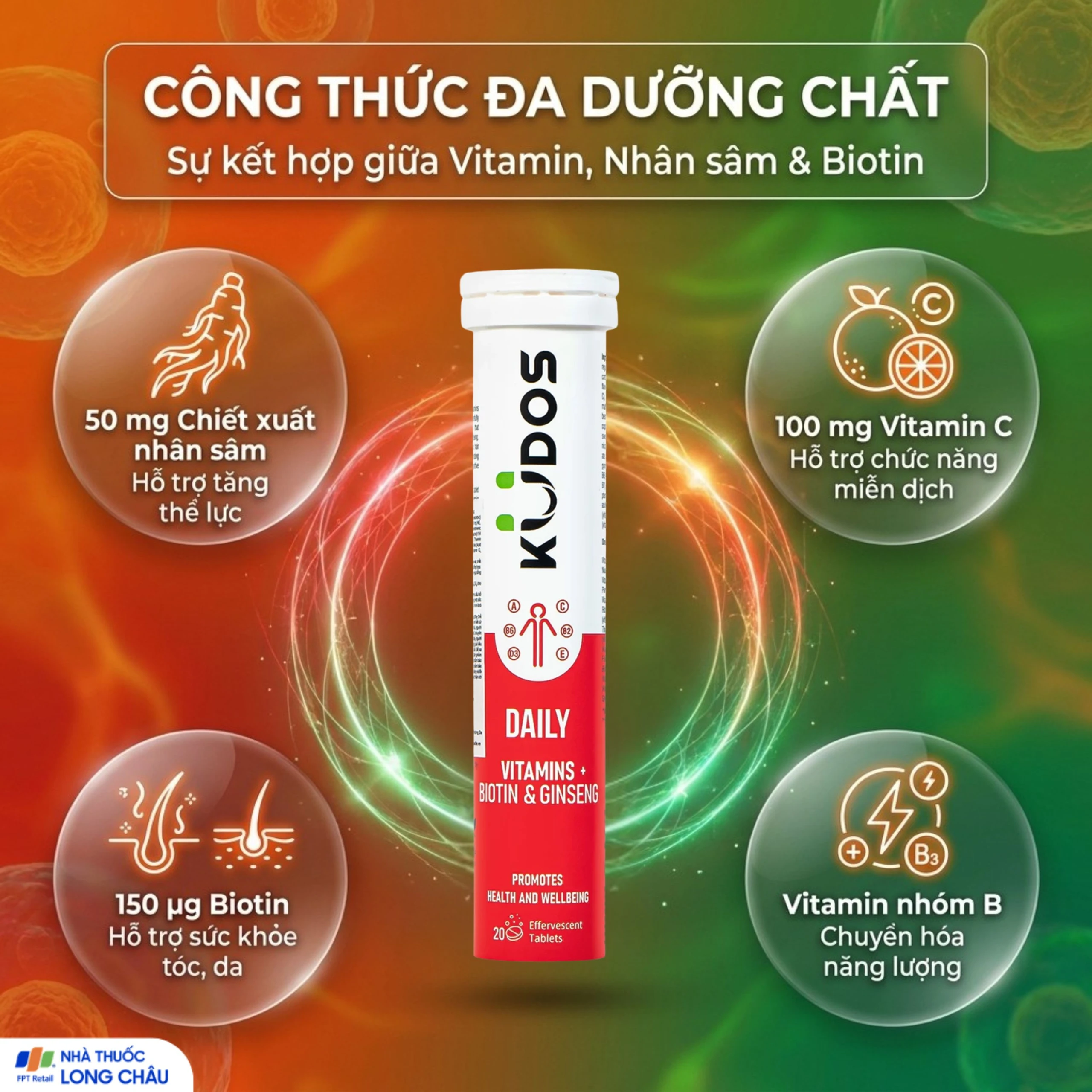 Viên sủi giúp bổ sung các vitamin cho cơ thể Kudos Daily Vitamins Plus Biotin & Ginseng hương cam (20 viên) 4