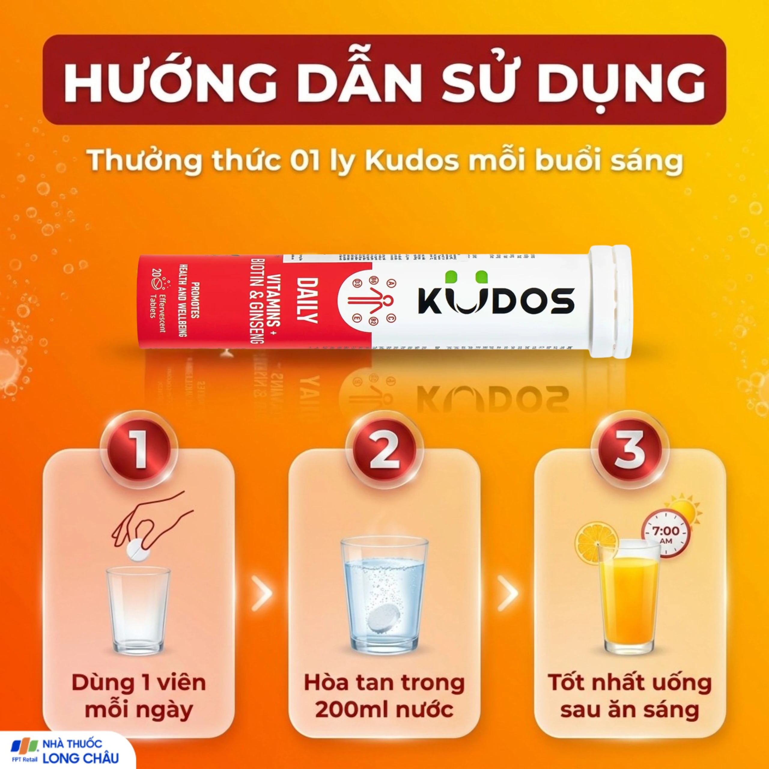 Viên sủi giúp bổ sung các vitamin cho cơ thể Kudos Daily Vitamins Plus Biotin & Ginseng hương cam (20 viên) 5