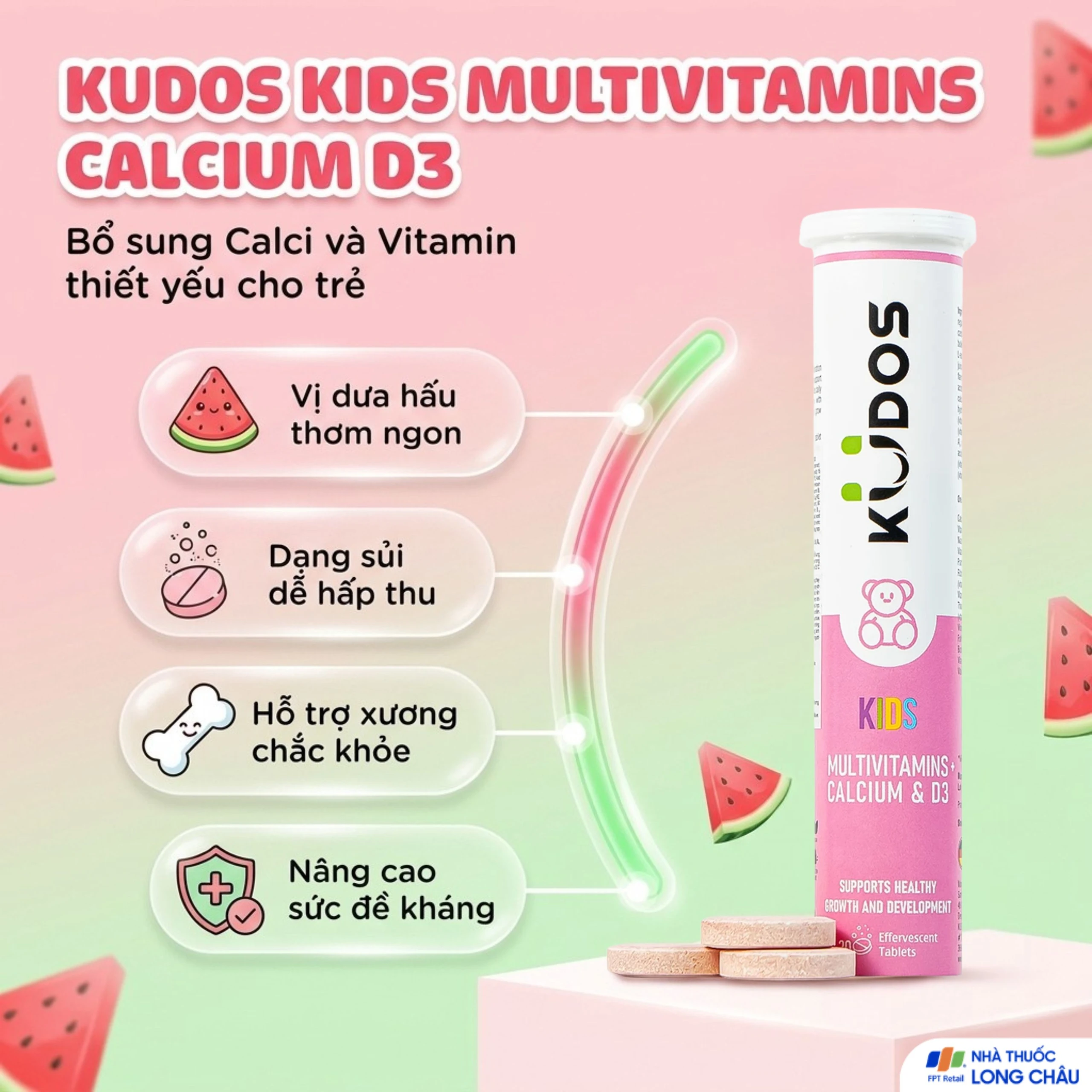 Viên sủi bổ sung calci và vitamin cho trẻ em Kudos Kids Multivitamins Plus Calcium & D3 hương dưa hấu (20 viên) 2