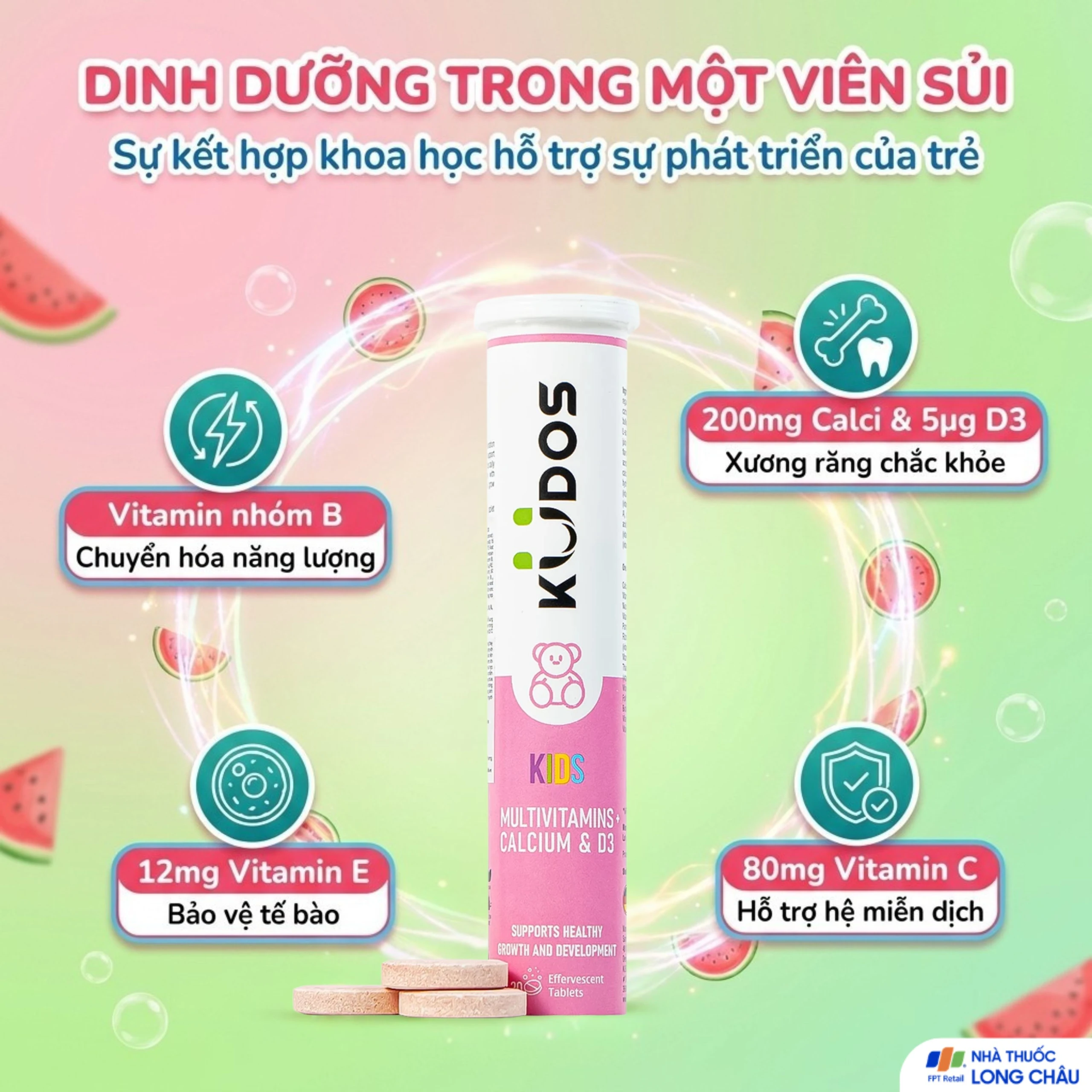 Viên sủi bổ sung calci và vitamin cho trẻ em Kudos Kids Multivitamins Plus Calcium & D3 hương dưa hấu (20 viên) 3