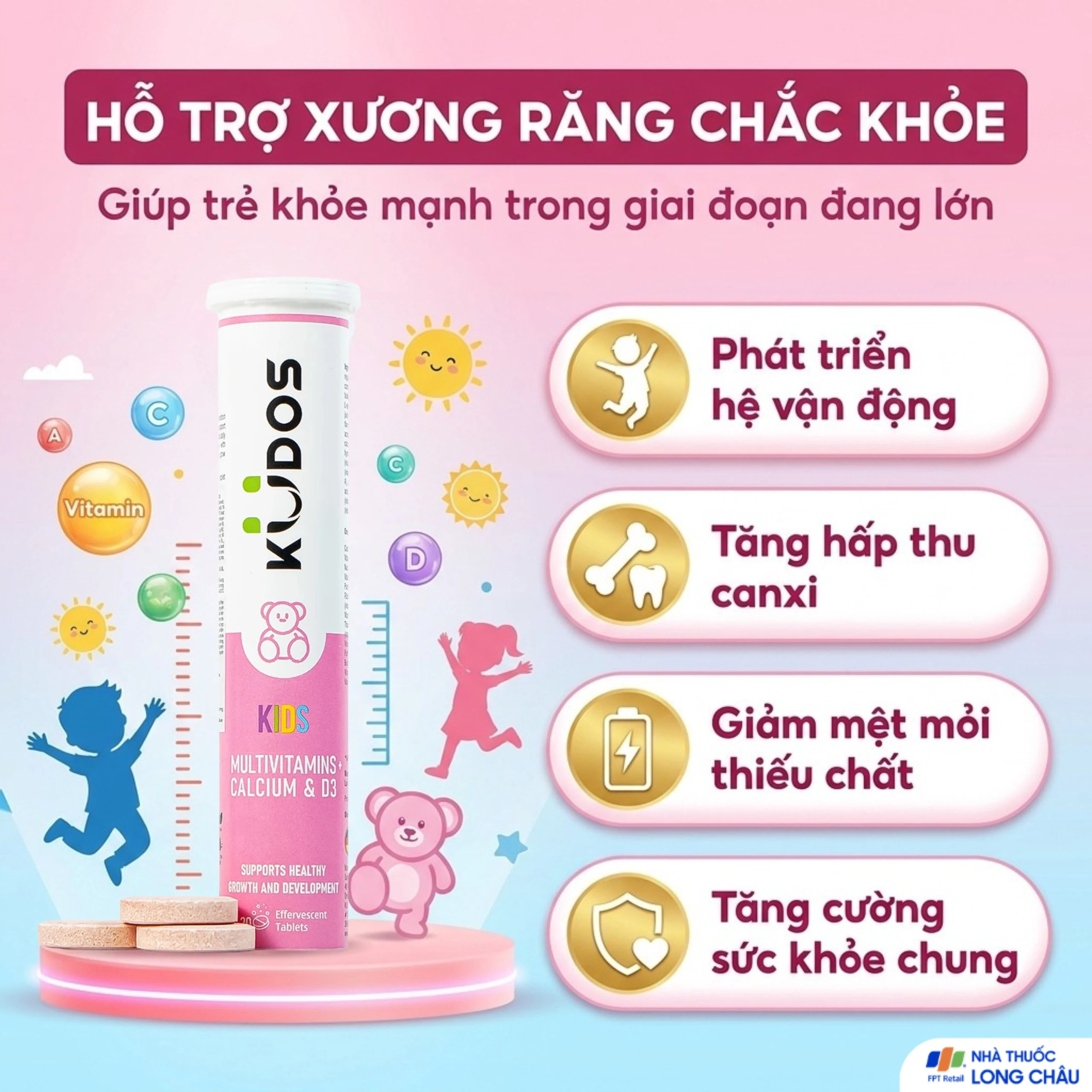 Viên sủi bổ sung calci và vitamin cho trẻ em Kudos Kids Multivitamins Plus Calcium & D3 hương dưa hấu (20 viên) 4