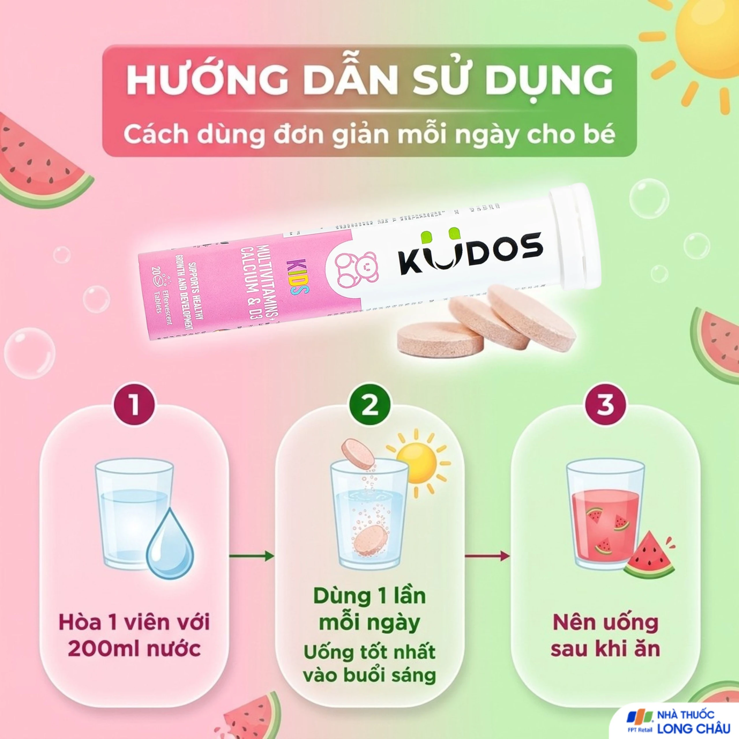 Viên sủi bổ sung calci và vitamin cho trẻ em Kudos Kids Multivitamins Plus Calcium & D3 hương dưa hấu (20 viên) 5