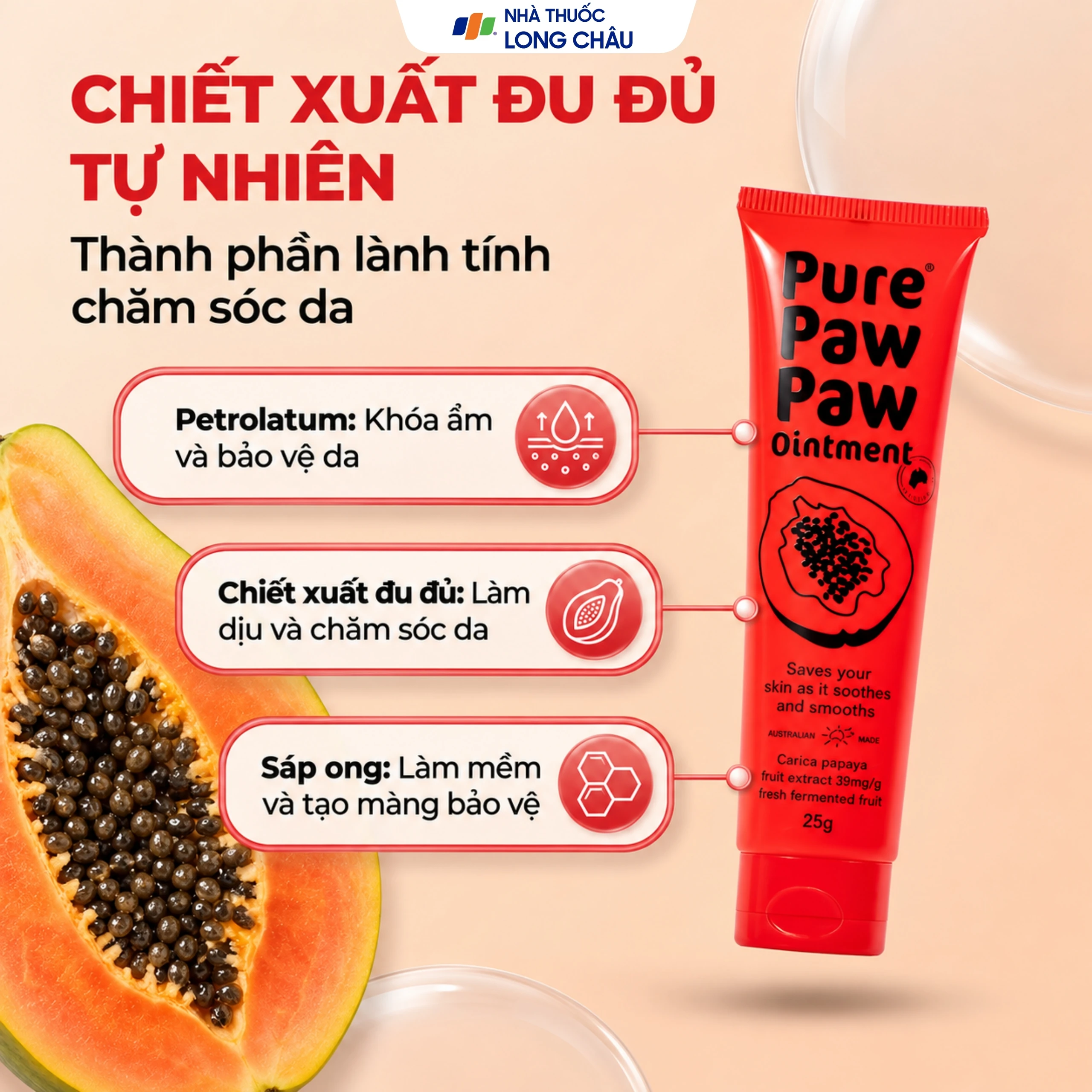 Kem bôi làm dịu da, vết cắn côn trùng Pure Paw Paw Ointment chiết xuất đu đủ 25g 3