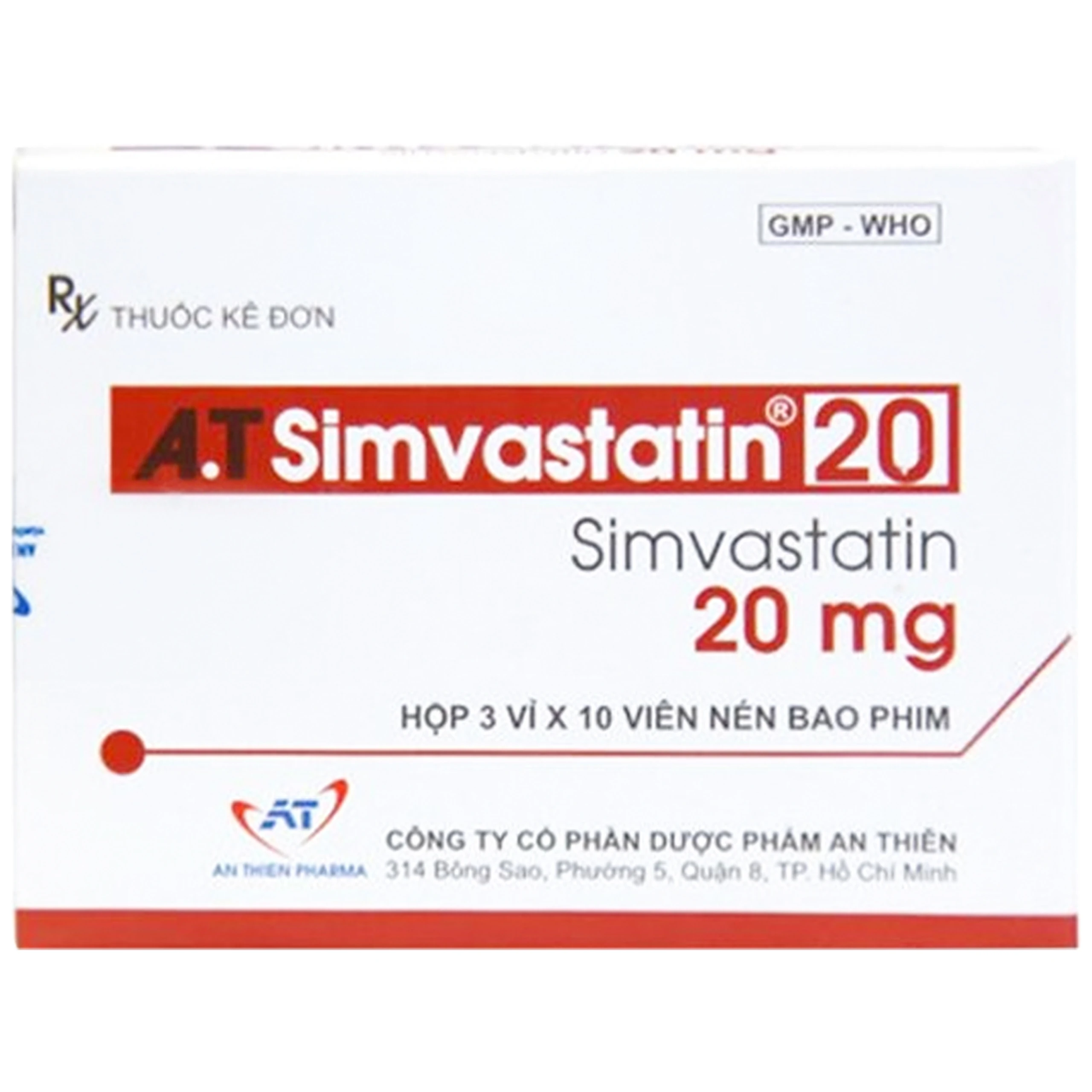 Thuốc A.T Simvastatin 20mg An Thiên điều trị Tăng cholesterol máu nguyên phát (3 vỉ x 10 viên)
