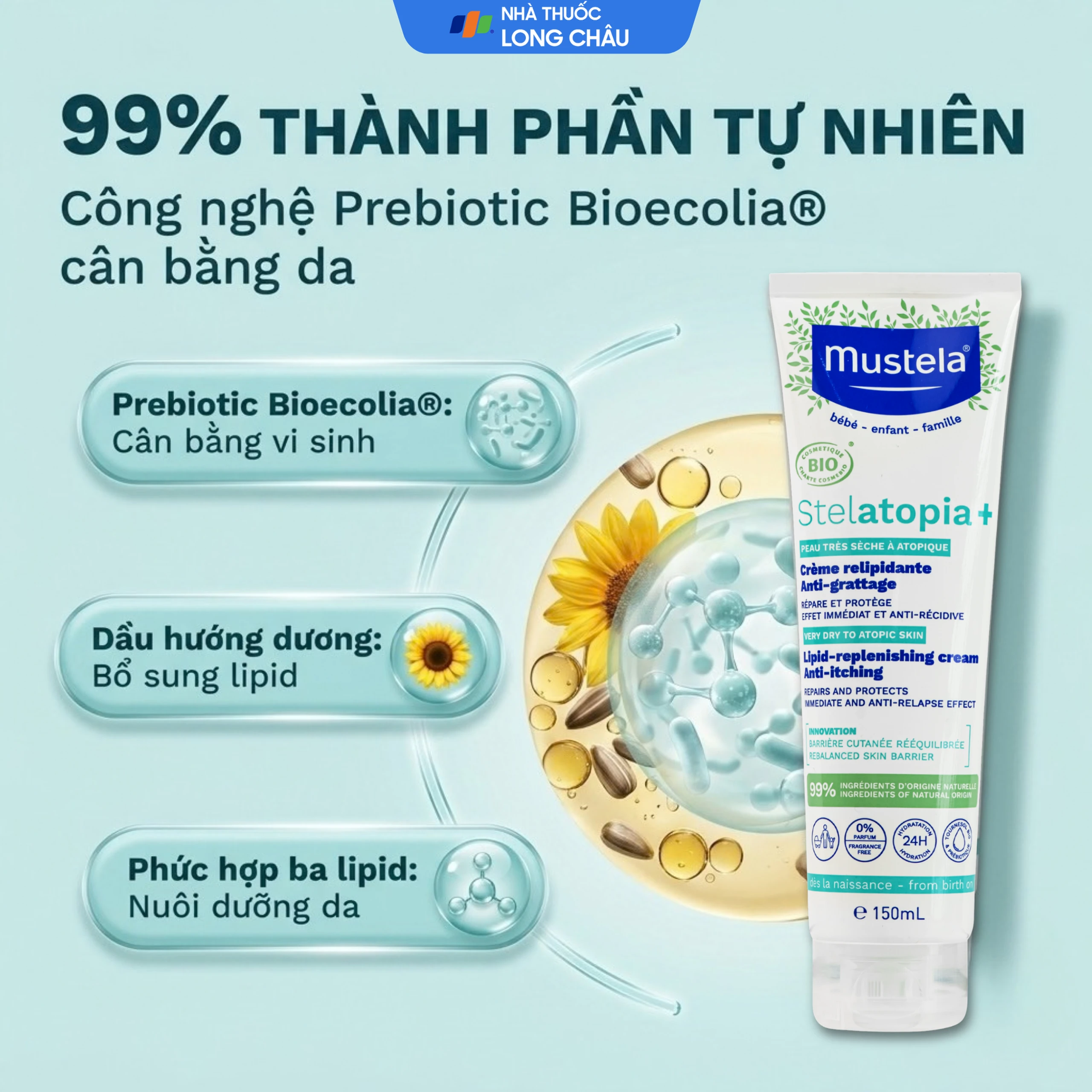Kem dưỡng ẩm cho da chàm thể tạng Mustela Stelatopia+ Lipid-Replenishing Cream Anti-Itching (150ml) 3