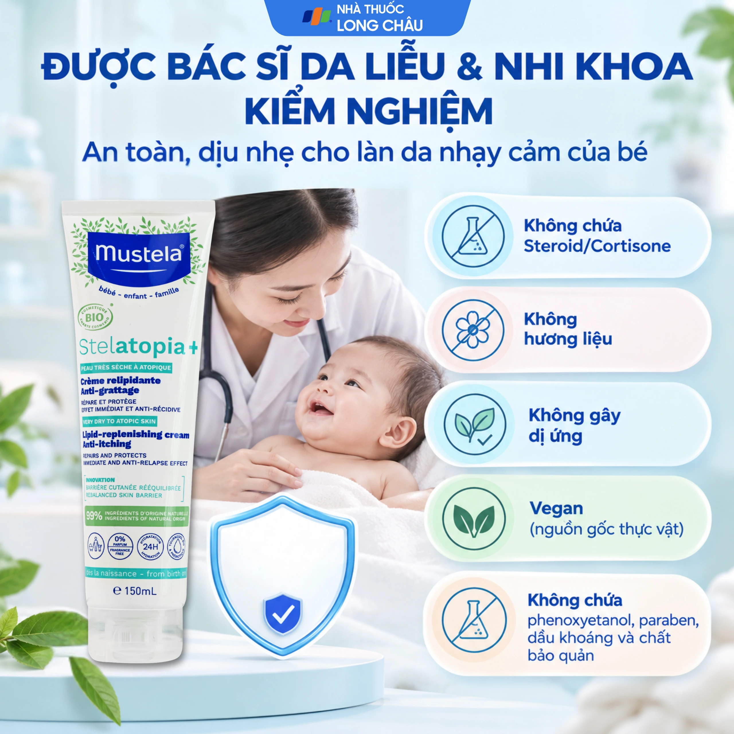 Kem dưỡng ẩm cho da chàm thể tạng Mustela Stelatopia+ Lipid-Replenishing Cream Anti-Itching (150ml) 6
