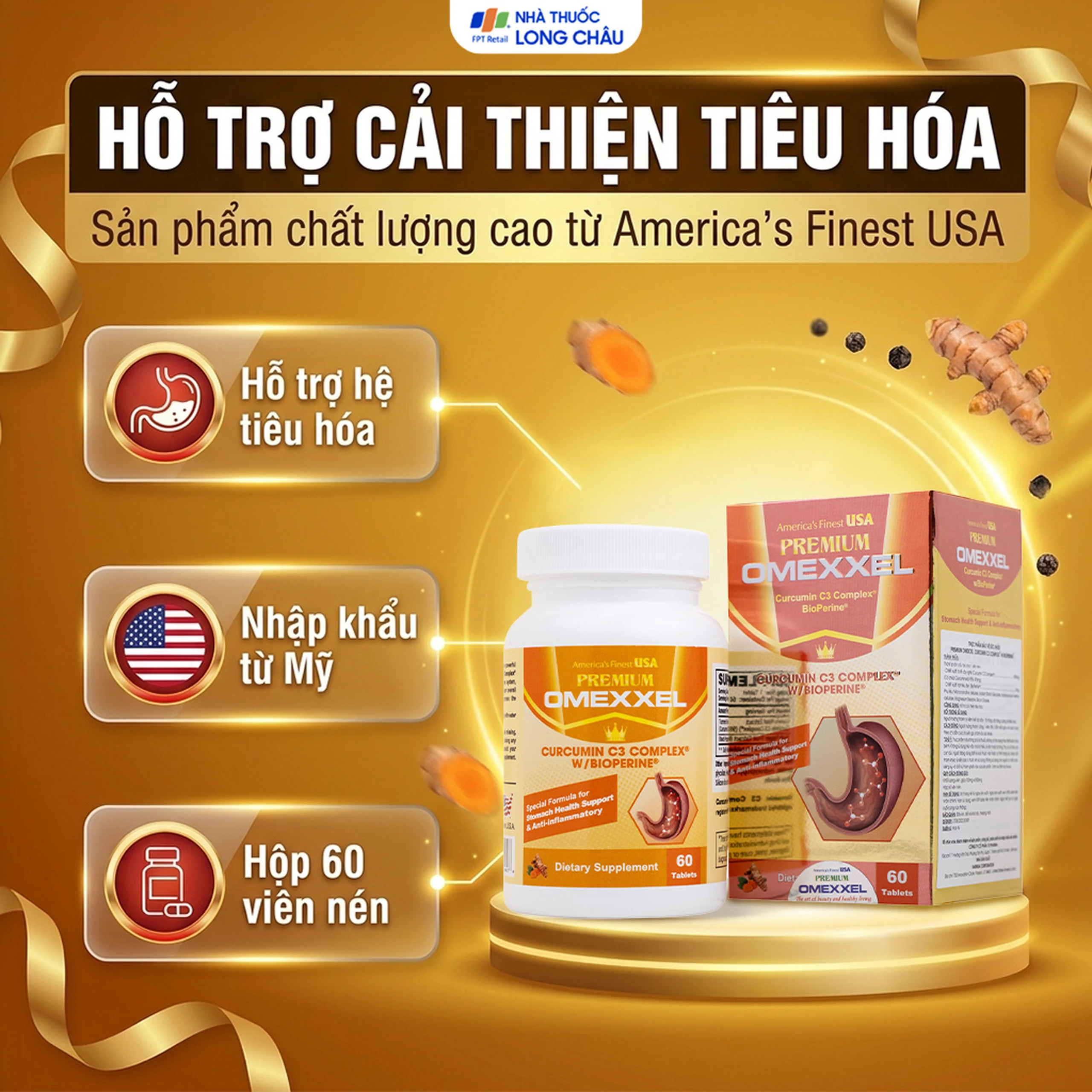 Viên uống hỗ trợ cải thiện tiêu hóa Premium Omexxel Curcumin C3 Complex W/Bioperine (60 viên) 2