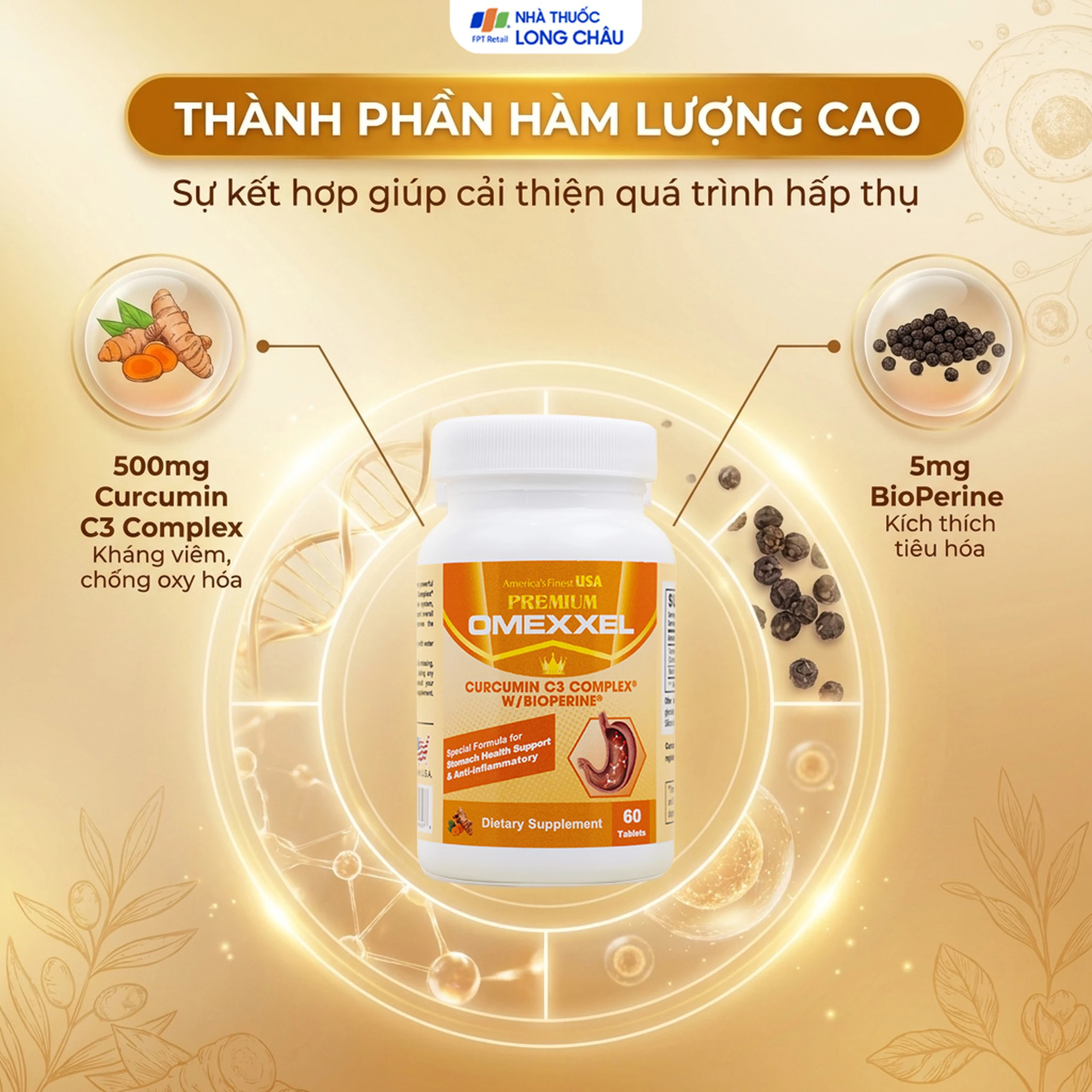 Viên uống hỗ trợ cải thiện tiêu hóa Premium Omexxel Curcumin C3 Complex W/Bioperine (60 viên) 3