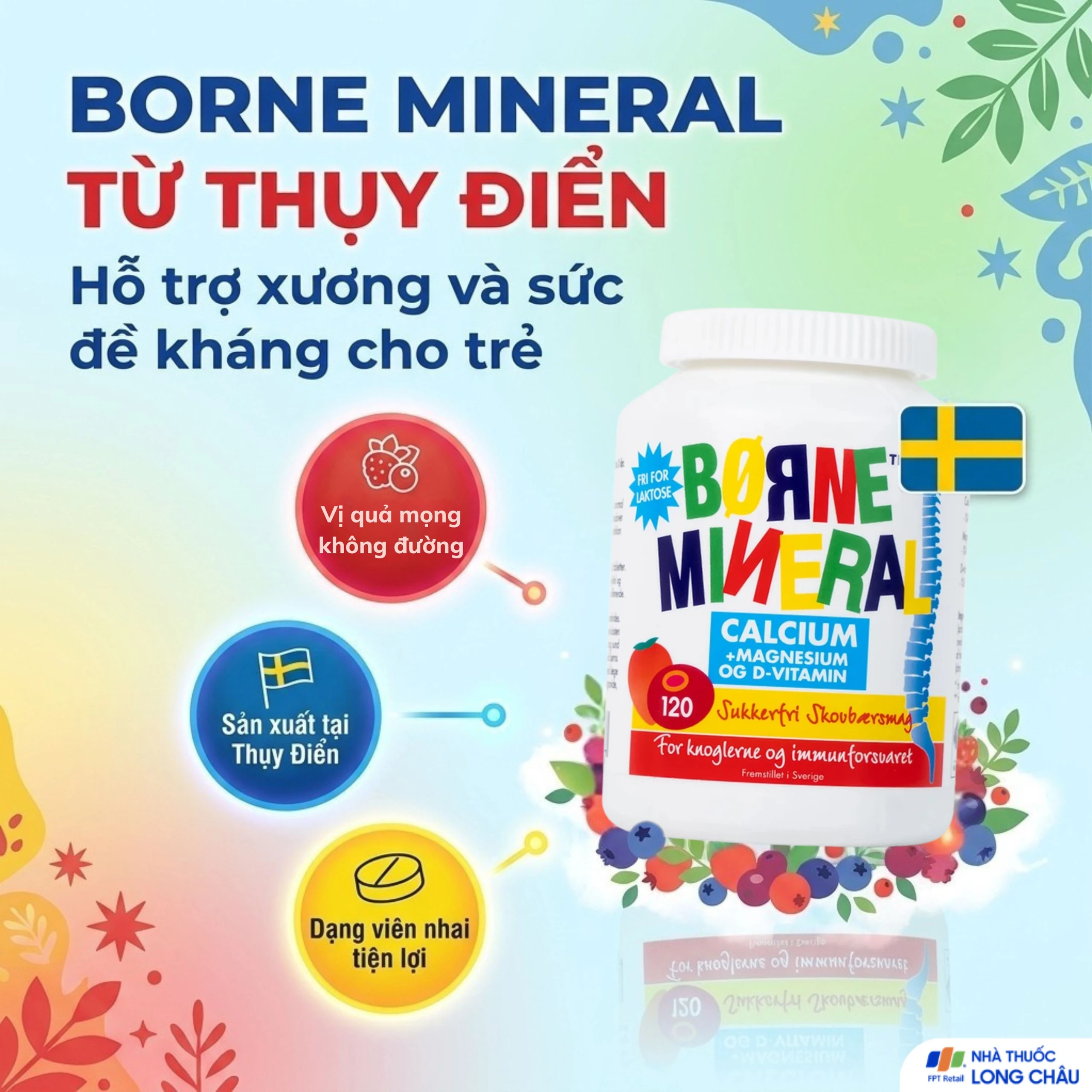 Viên nhai giúp tăng chiều cao, giảm nguy cơ còi xương cho trẻ em Borne Mineral New Nordic (120 viên) 2