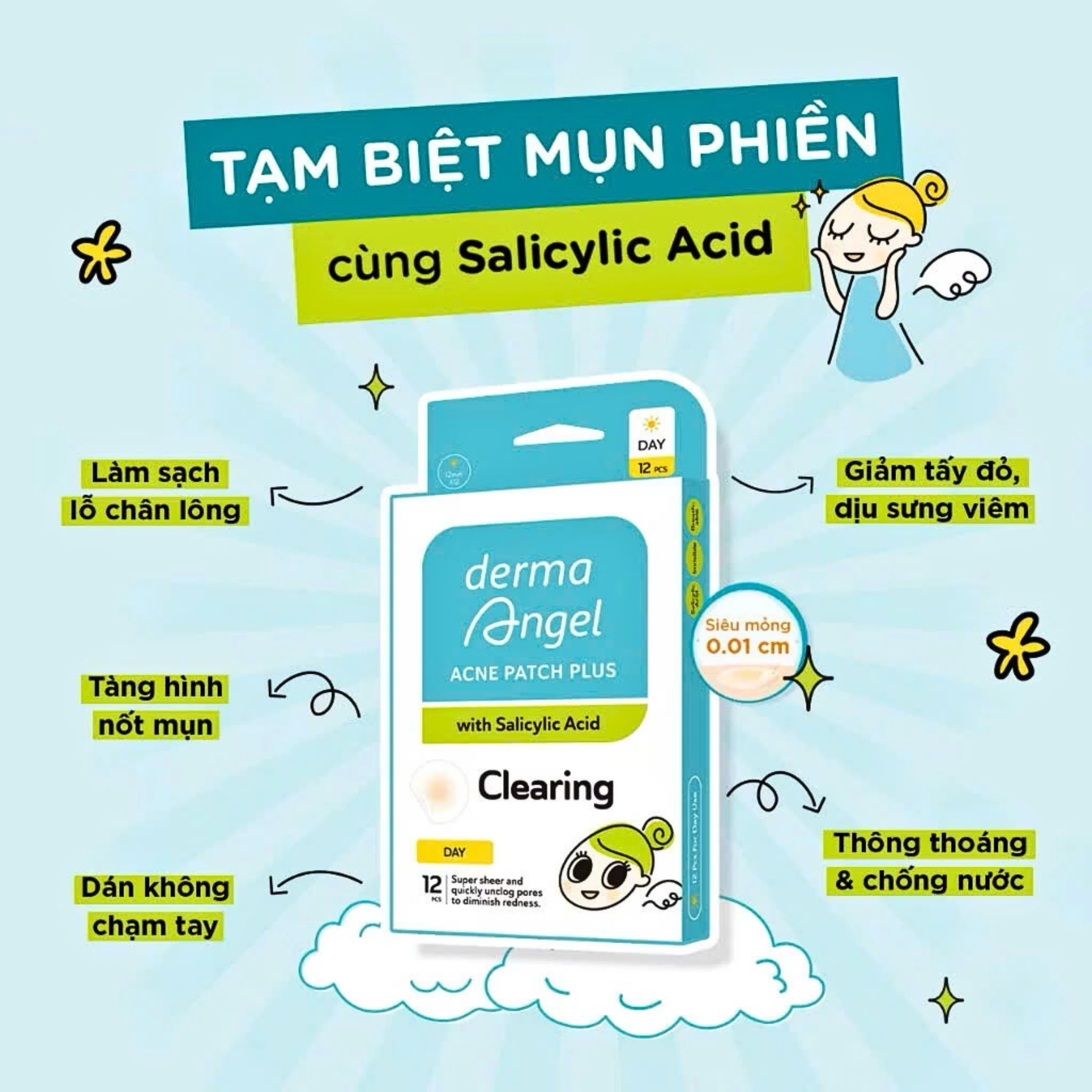 Miếng dán mụn ban ngày Derma Angel Plus (12 miếng) hút dịch mủ, làm lành vết thương nhanh chóng
