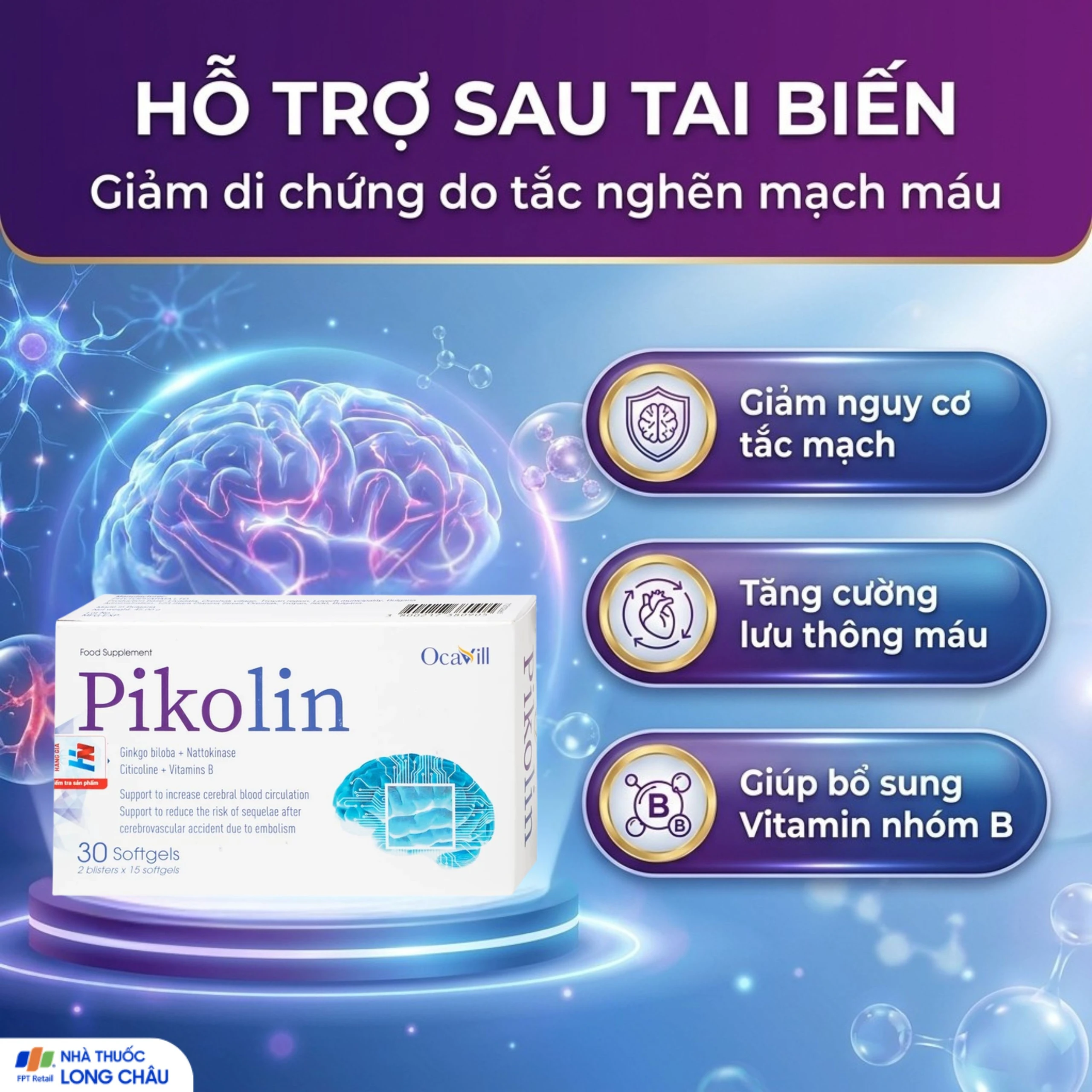 Viên uống hỗ trợ tăng tuần hoàn máu não, giảm nguy cơ hình thành cục máu đông Pikolin Ocavill (2 vỉ x 15 viên) 5