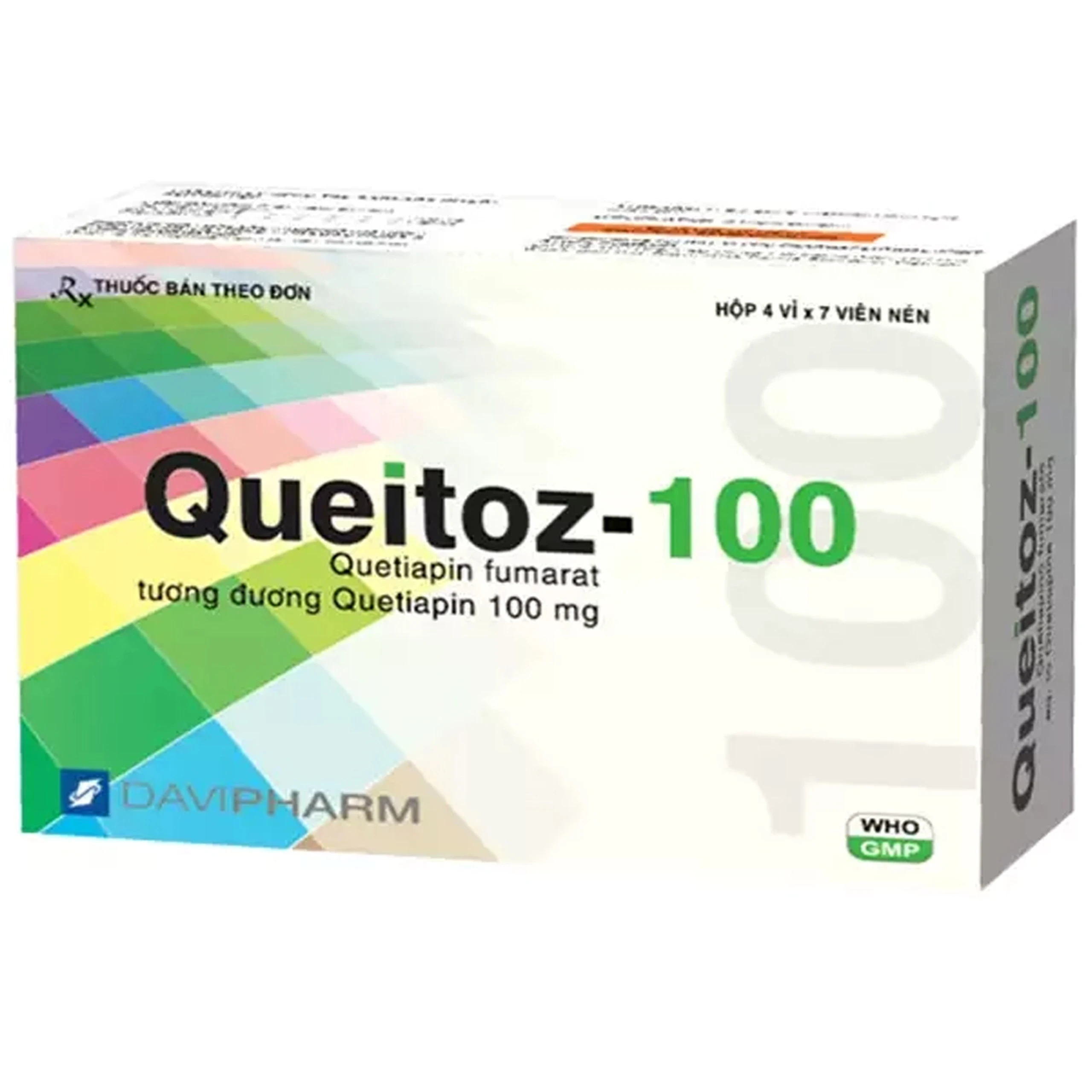 Thuốc Queitoz 100 Davipharm điều trị tâm thần phân liệt, rối loạn lưỡng cực (4 vỉ x 7 viên)