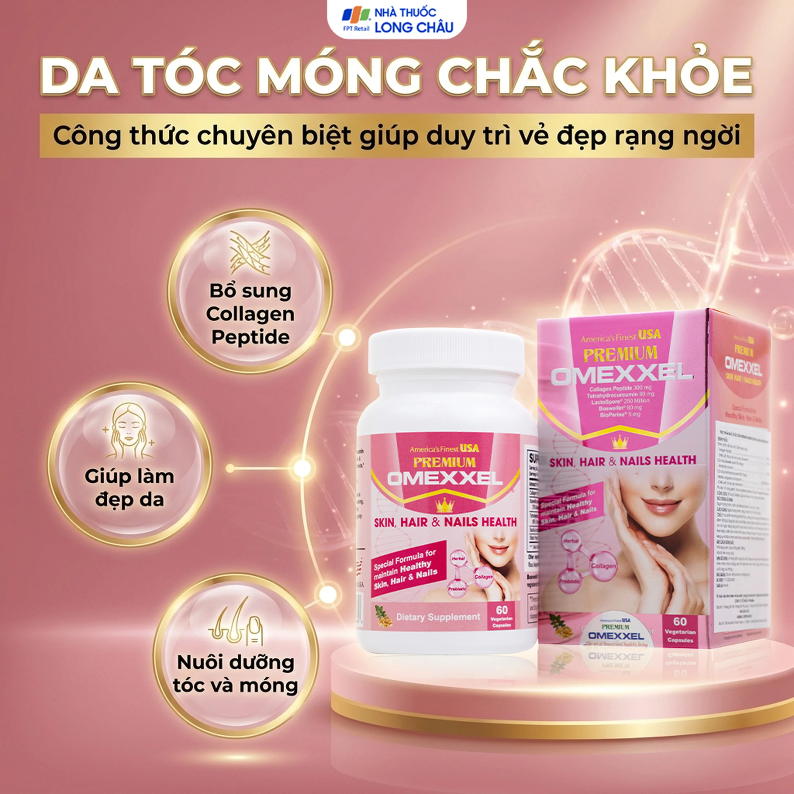 Viên uống bổ sung collagen, giúp làm đẹp da, tóc, móng chắc khỏe Premium Omexxel Skin Hair & Nails Health (60 viên) 2