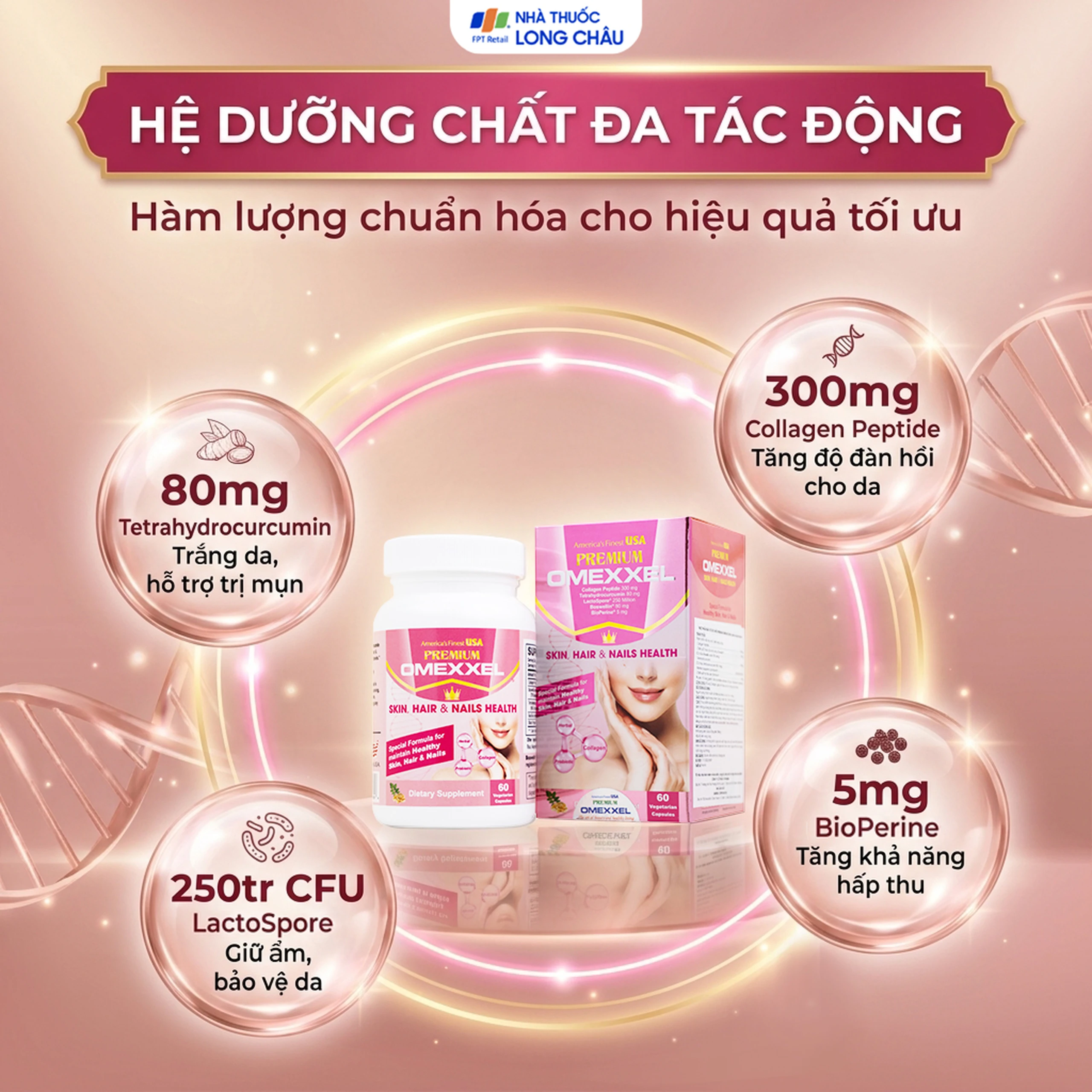Viên uống bổ sung collagen, giúp làm đẹp da, tóc, móng chắc khỏe Premium Omexxel Skin Hair & Nails Health (60 viên) 3
