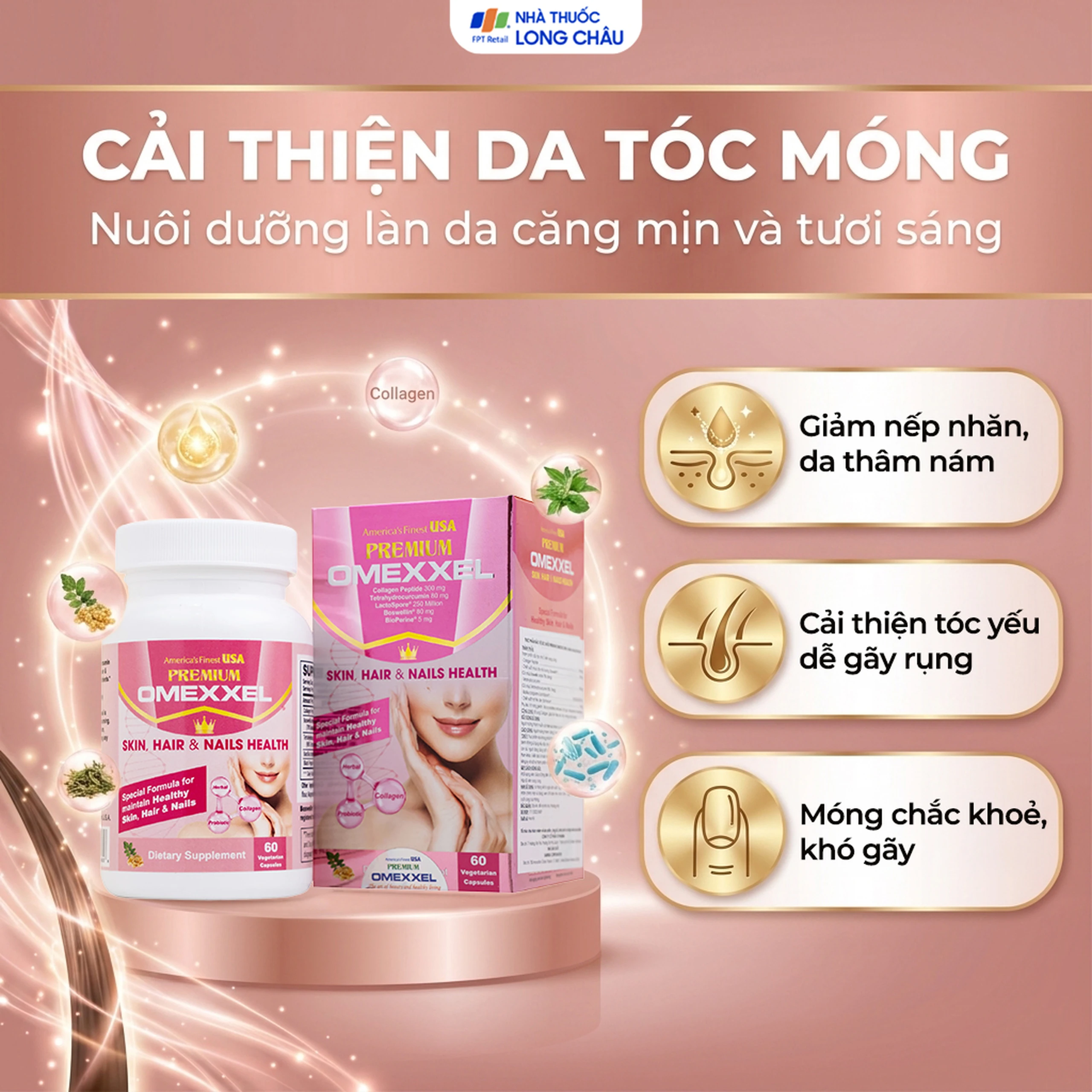 Viên uống bổ sung collagen, giúp làm đẹp da, tóc, móng chắc khỏe Premium Omexxel Skin Hair & Nails Health (60 viên) 4