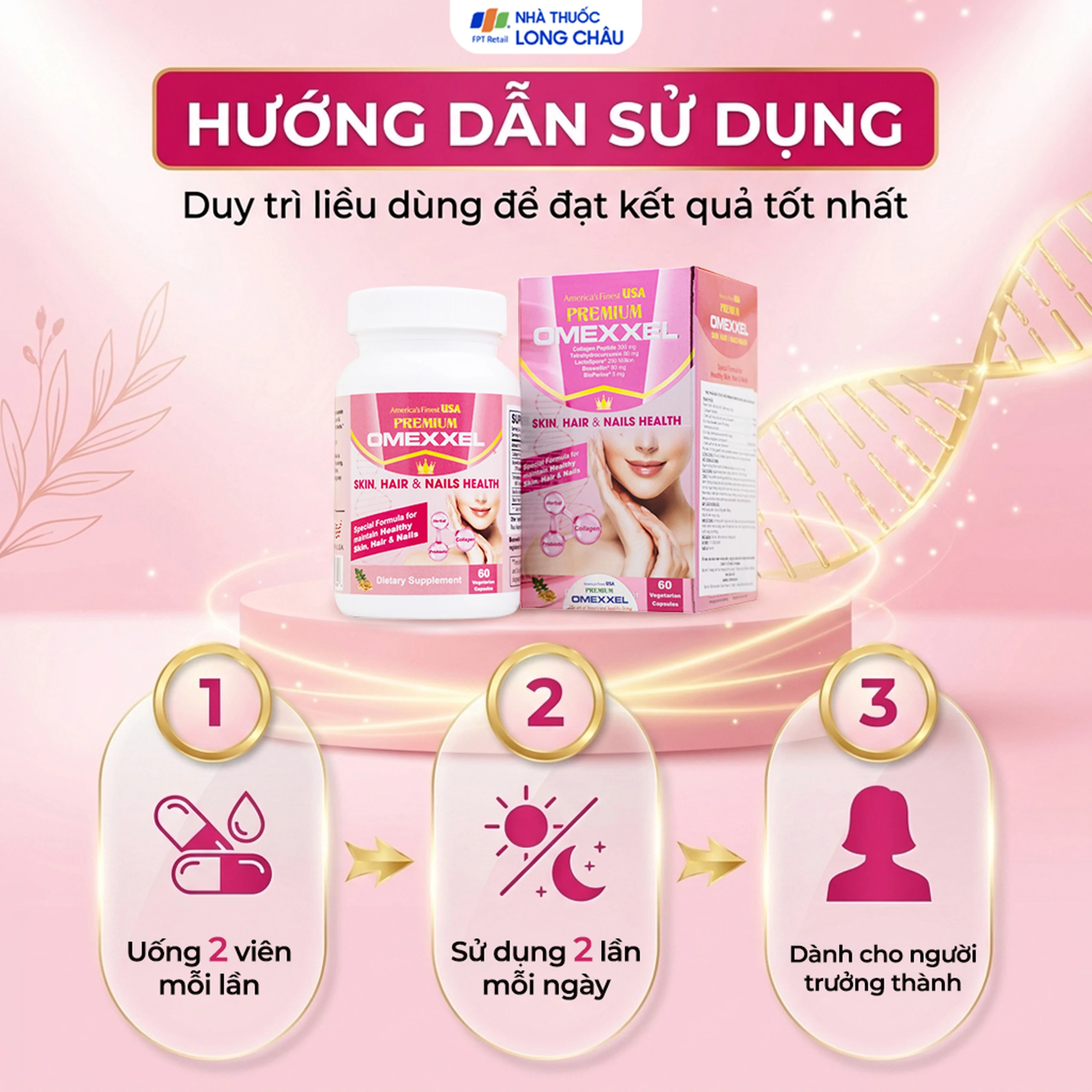Viên uống bổ sung collagen, giúp làm đẹp da, tóc, móng chắc khỏe Premium Omexxel Skin Hair & Nails Health (60 viên) 5