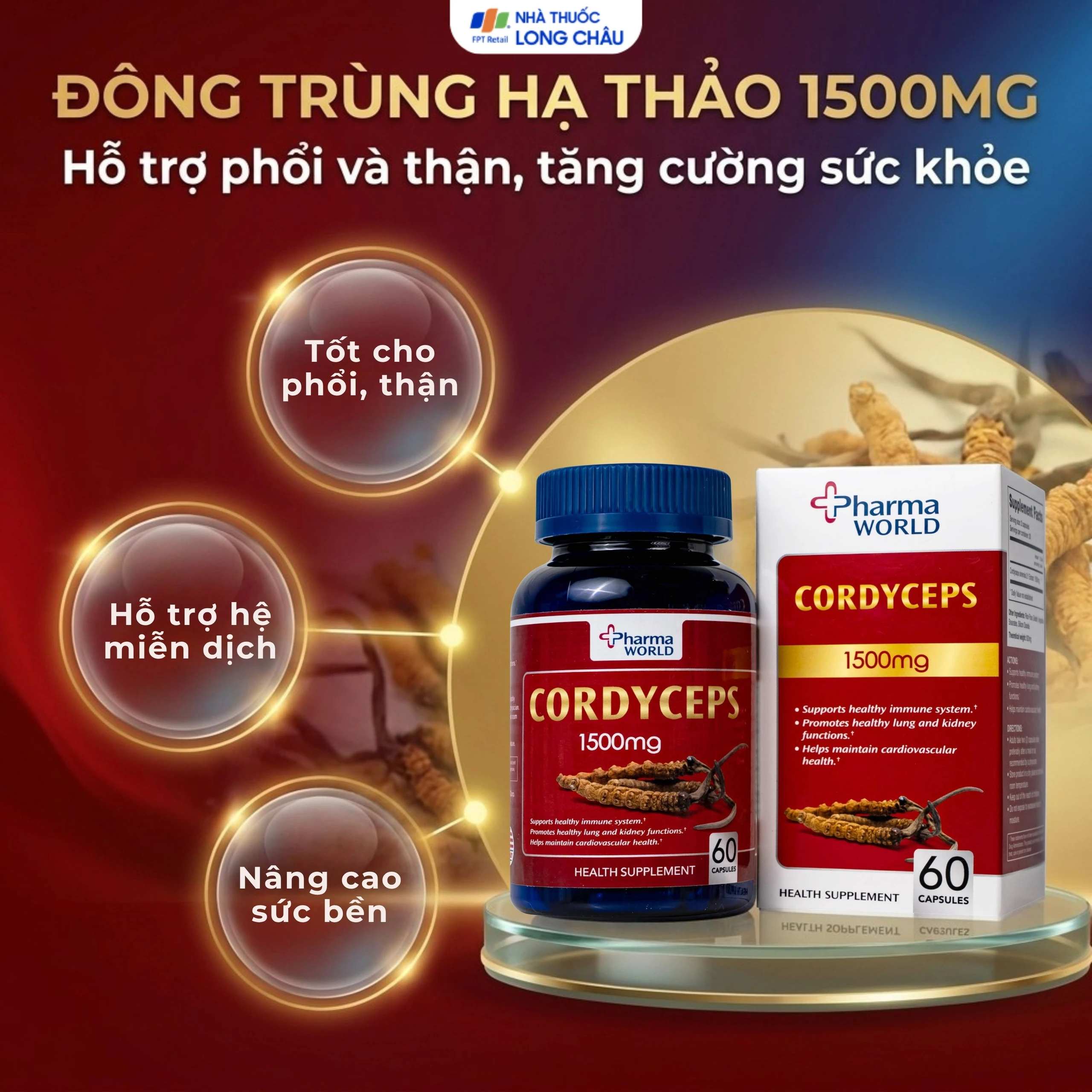 Viên uống Đông Trùng Hạ Thảo giúp tăng cường sức khỏe Cordyceps 1500mg Pharma World (60 viên) 2
